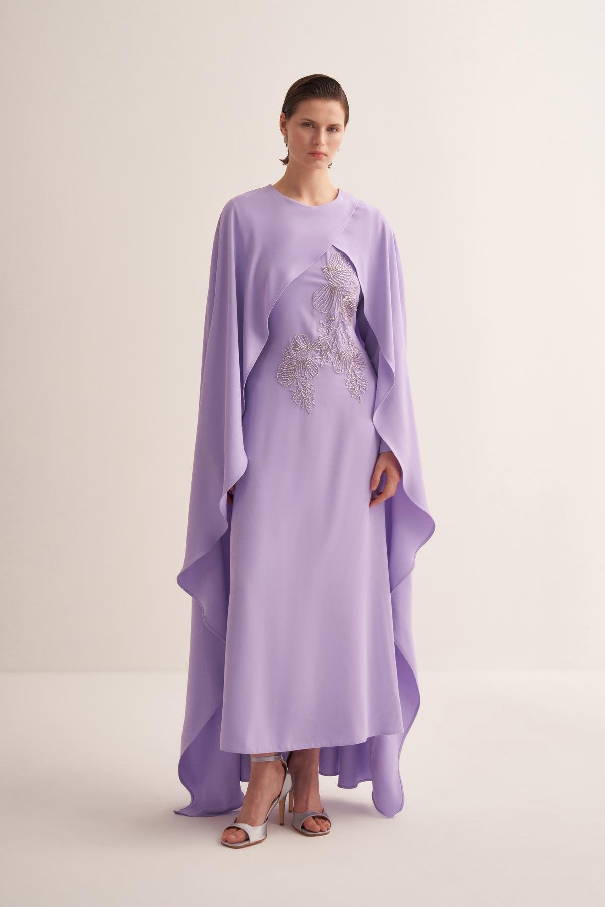 Embroidered Lavender Lilac Cape Evening Gown