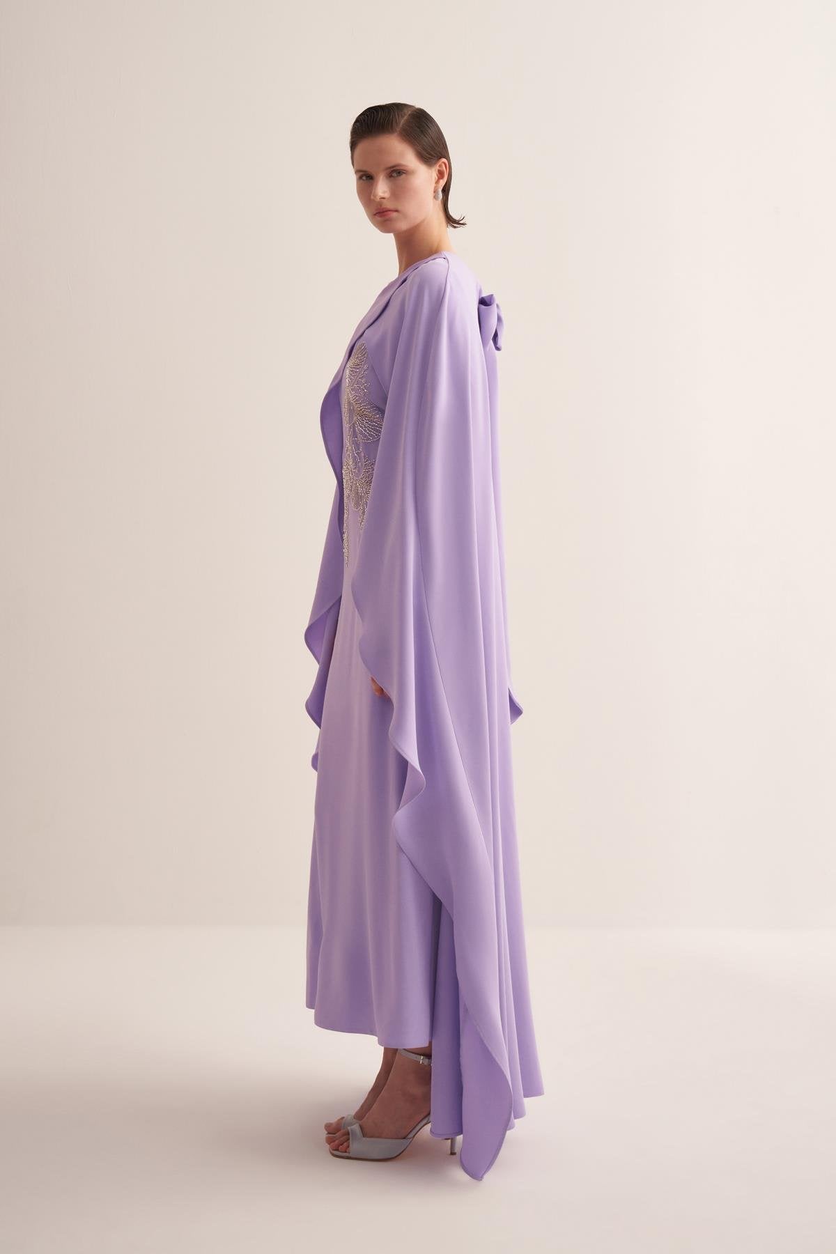 Embroidered Lavender Lilac Cape Evening Gown
