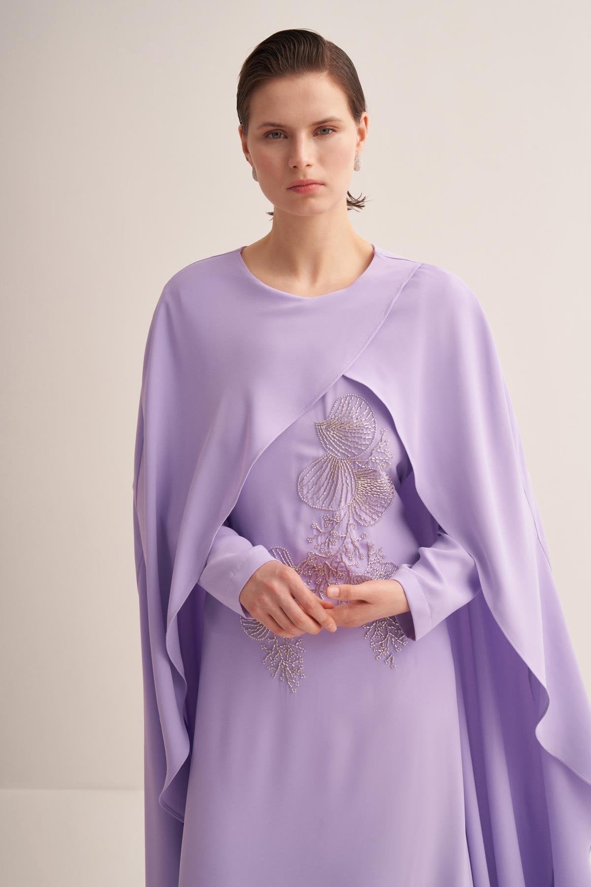Embroidered Lavender Lilac Cape Evening Gown