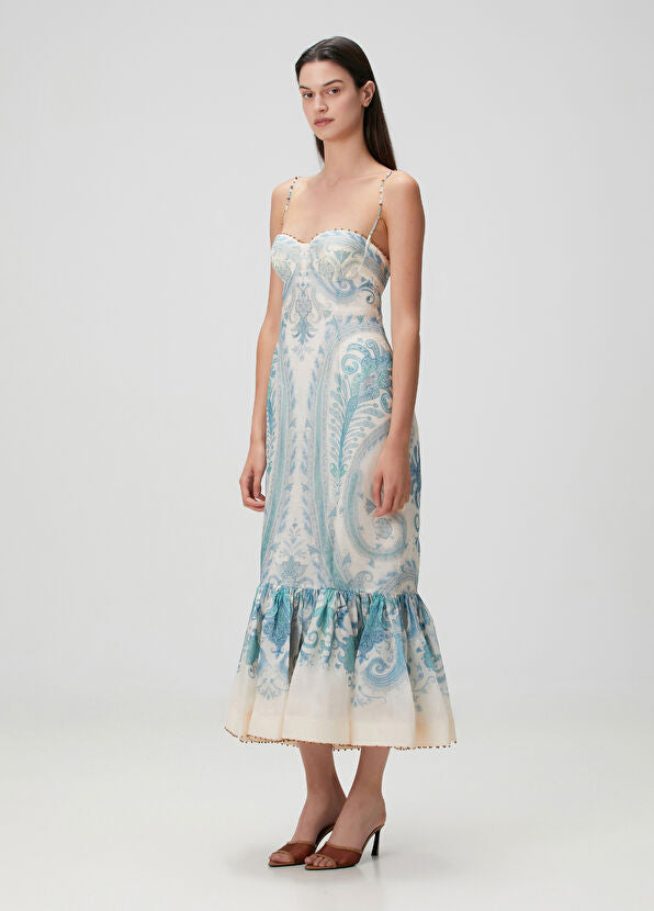 Zimmermann Illuminate Blue Midi Linen Cocktail Dress