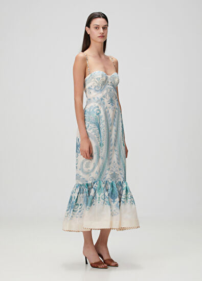 Zimmermann Illuminate Blue Midi Linen Cocktail Dress