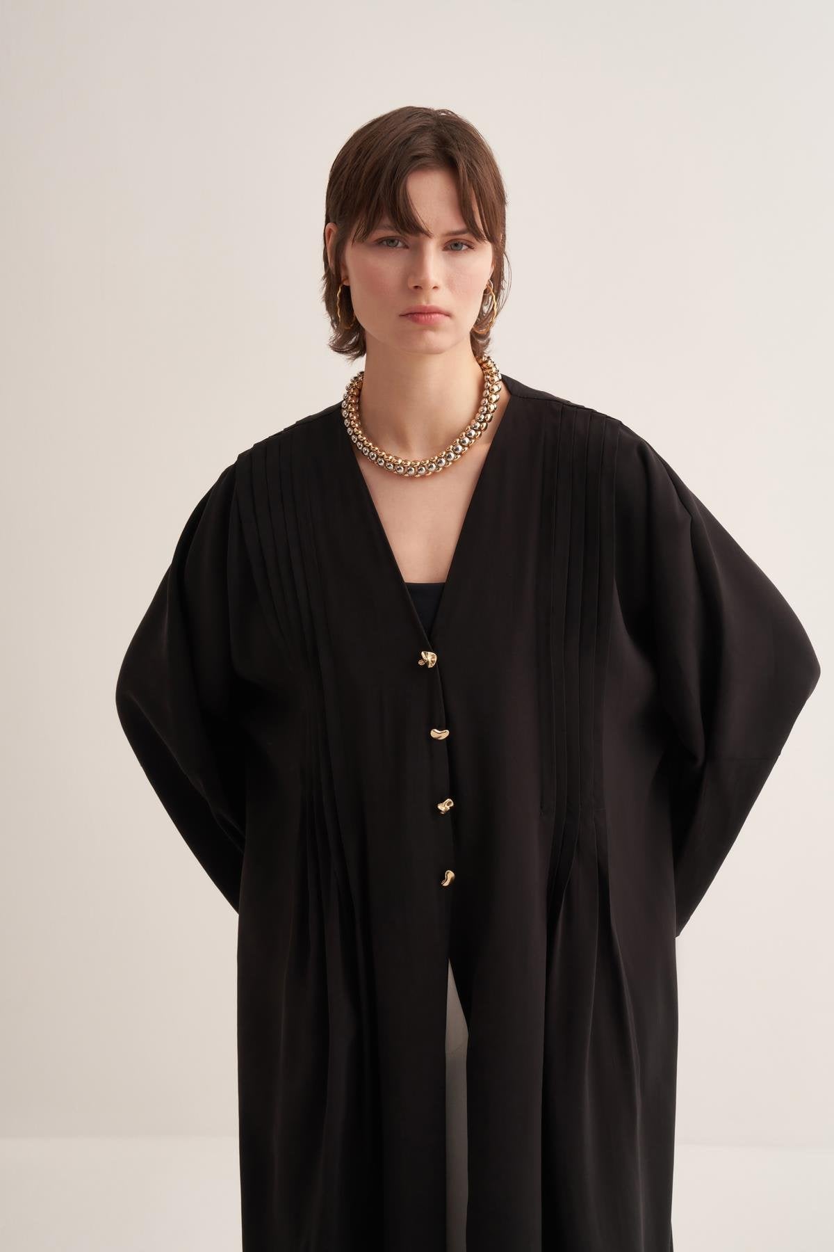Natural Viscose Black-Colored Abaya with Button Details - sonafey