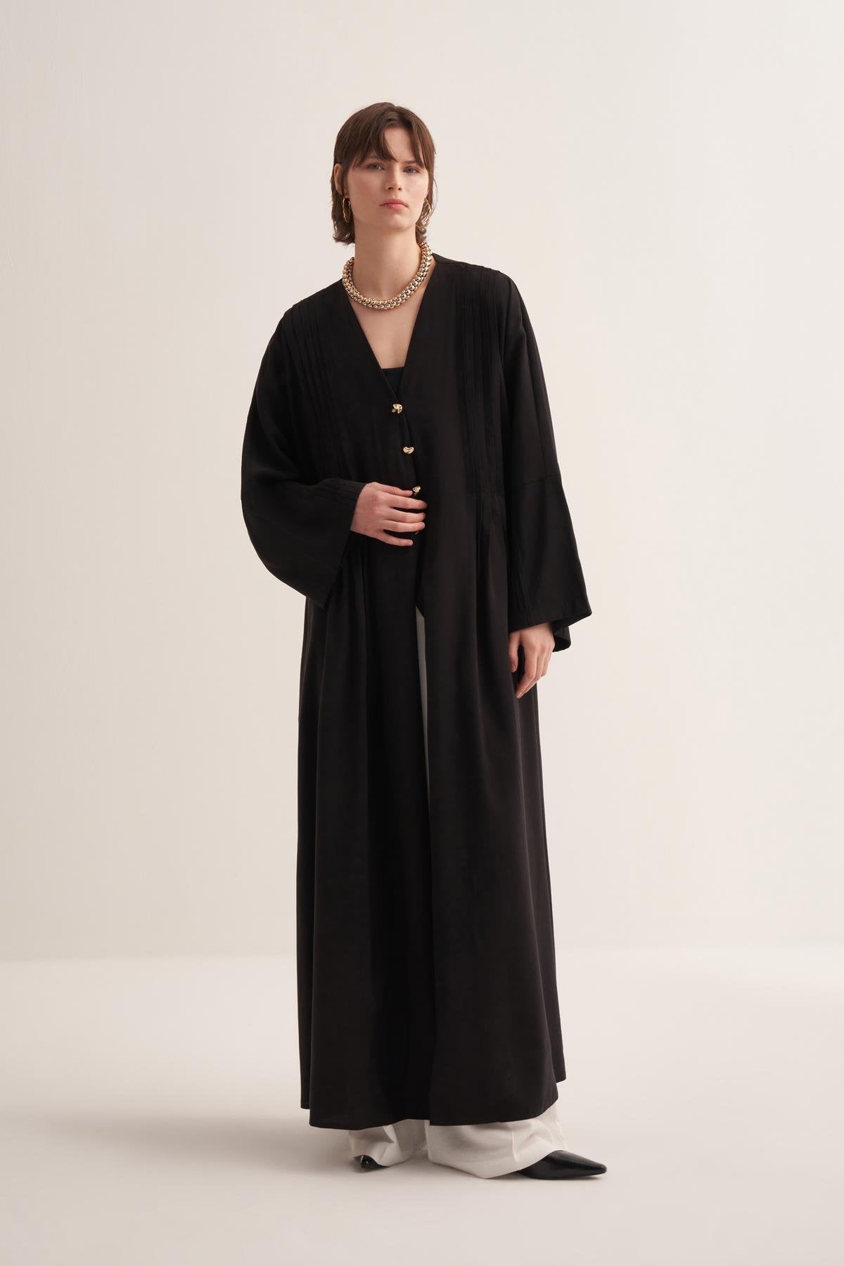 Natural Viscose Black-Colored Abaya with Button Details - sonafey
