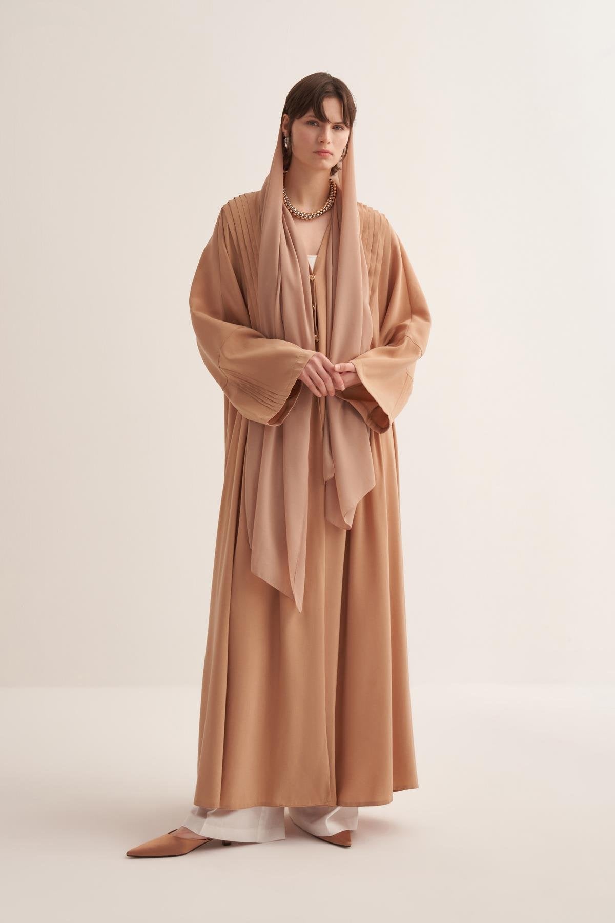 Natural Viscose Camel-Colored Abaya with Button Details - sonafey