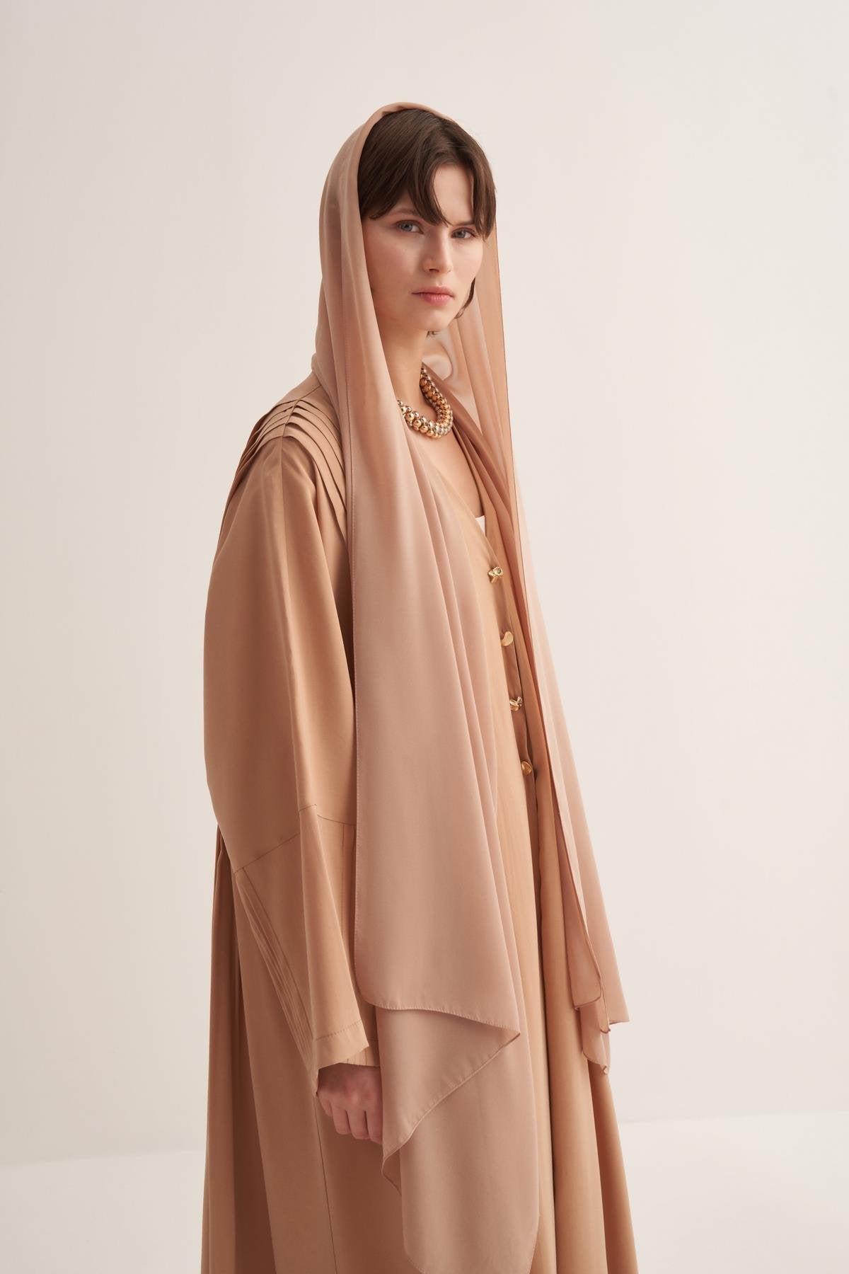 Natural Viscose Camel-Colored Abaya with Button Details - sonafey