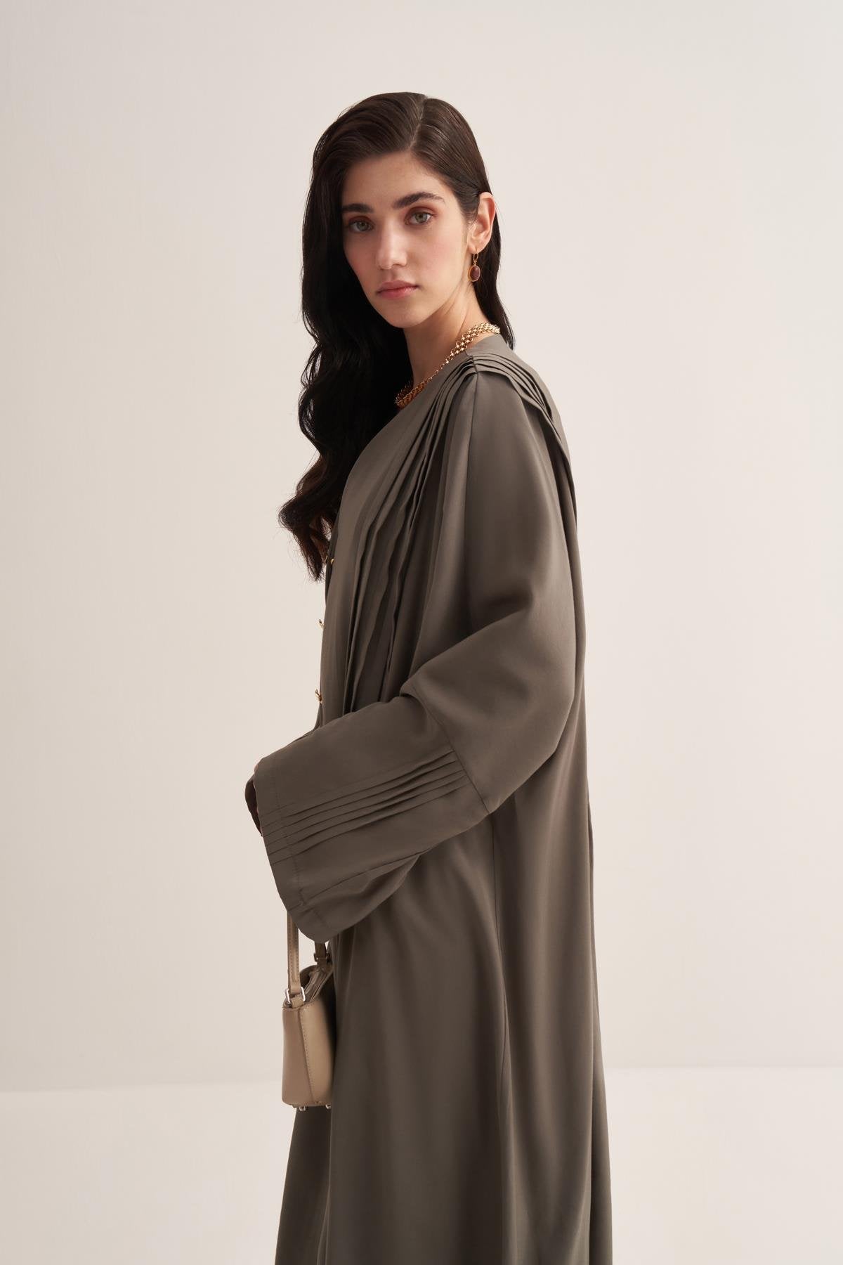 Natural Viscose Sage Green-Colored Abaya with Button Details - sonafey