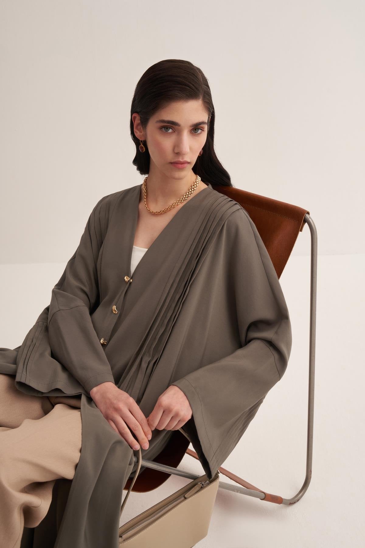 Natural Viscose Sage Green-Colored Abaya with Button Details - sonafey