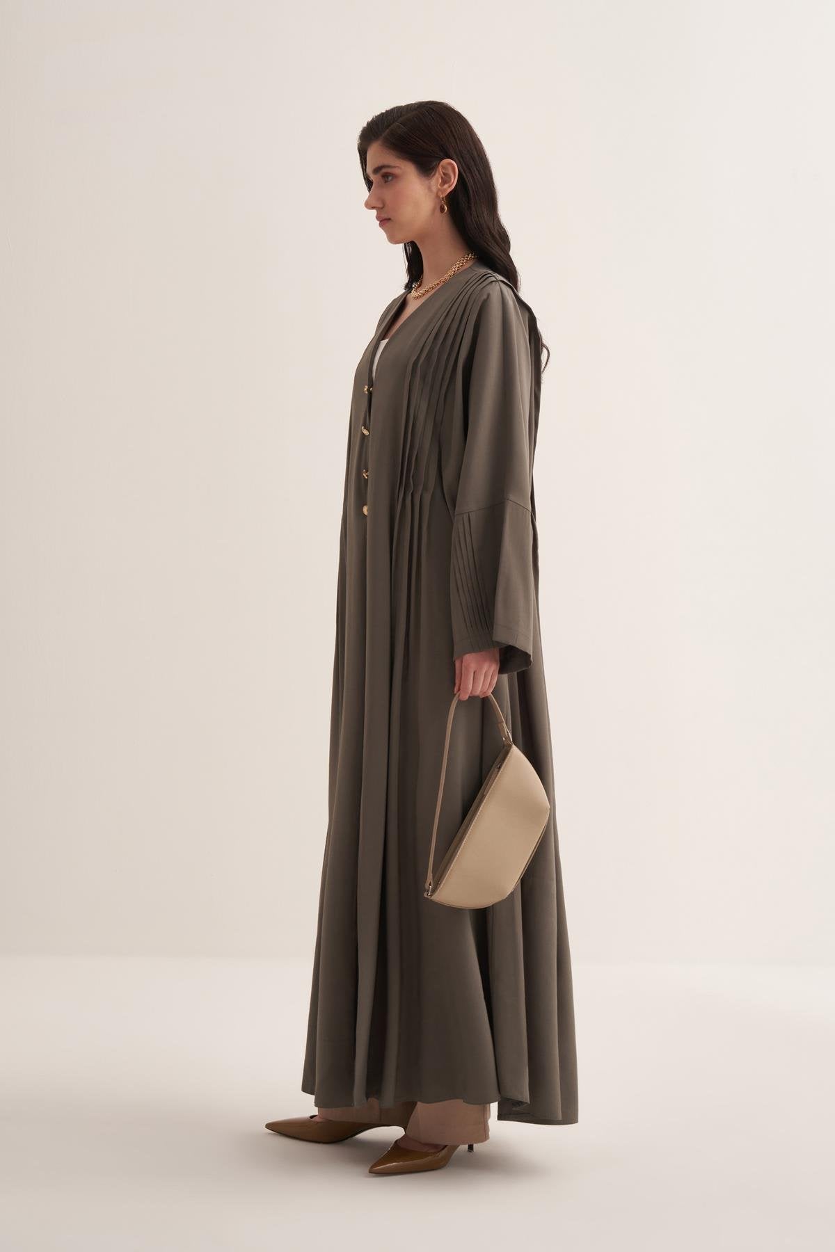 Natural Viscose Sage Green-Colored Abaya with Button Details - sonafey