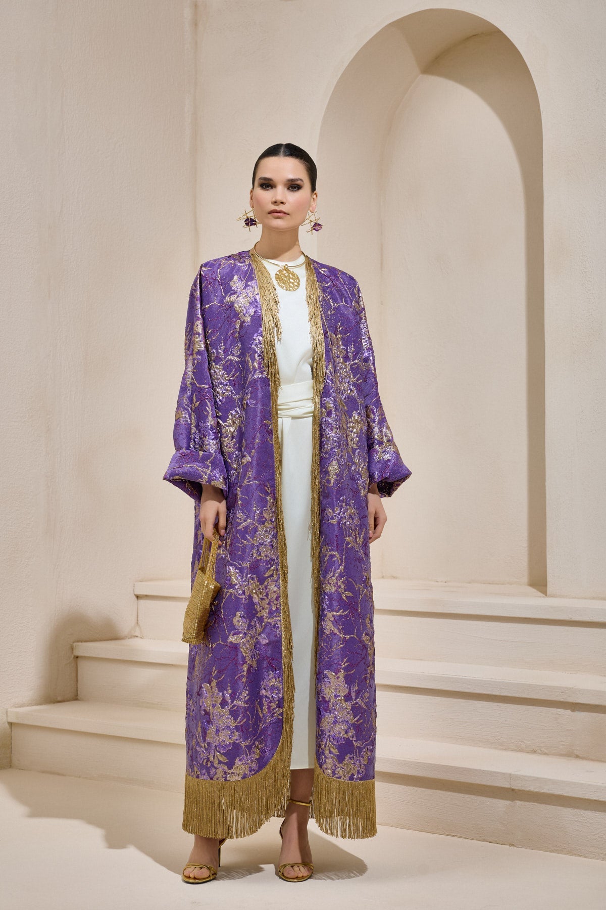 Limited Collection Purple Gold Jacquard Abaya with Tassels - sonafey