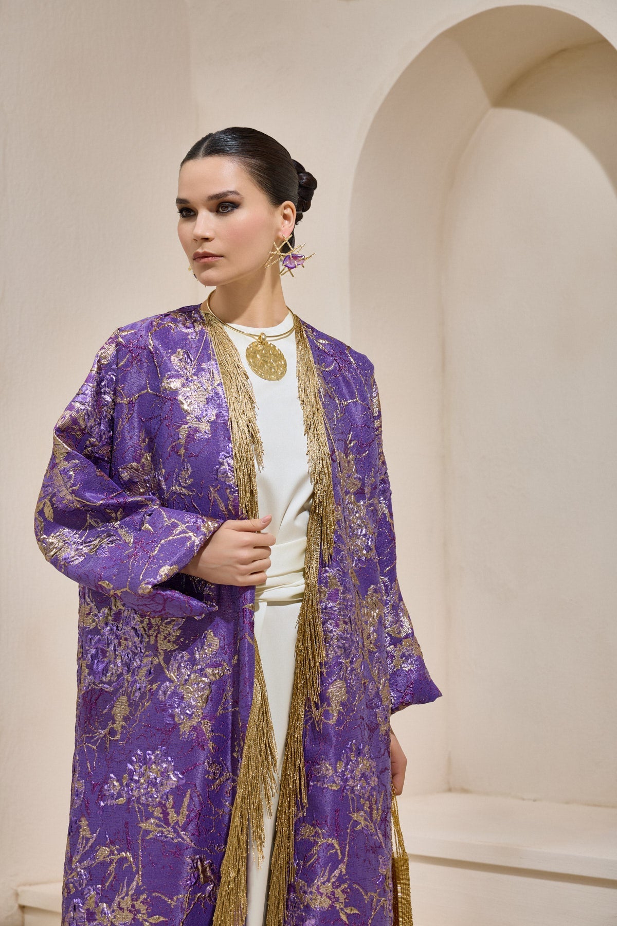 Limited Collection Purple Gold Jacquard Abaya with Tassels - sonafey