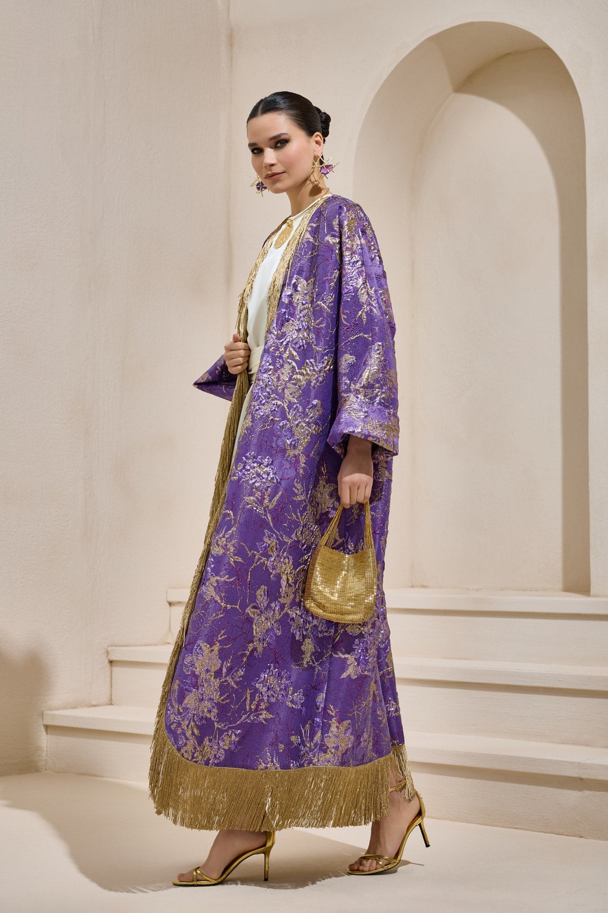 Limited Collection Purple Gold Jacquard Abaya with Tassels - sonafey