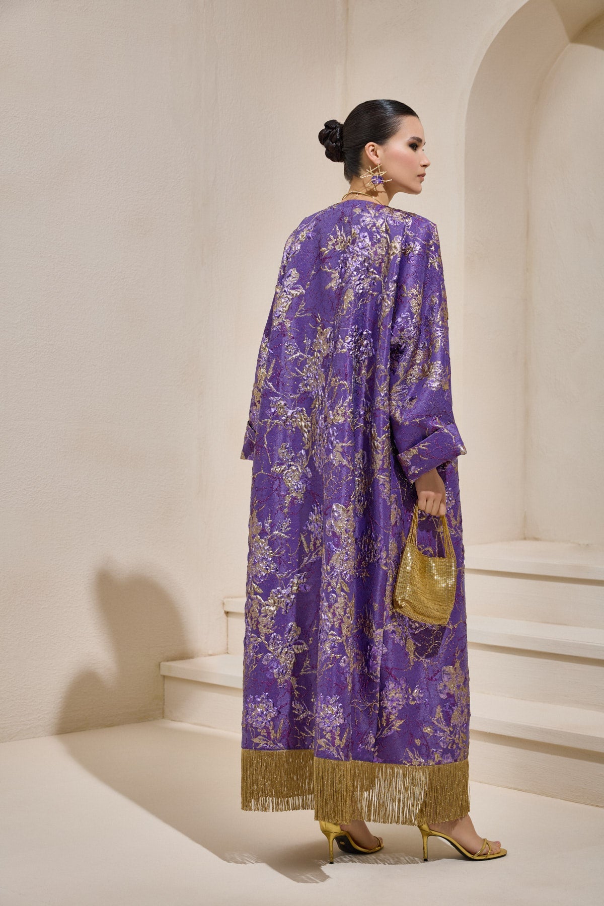 Limited Collection Purple Gold Jacquard Abaya with Tassels - sonafey