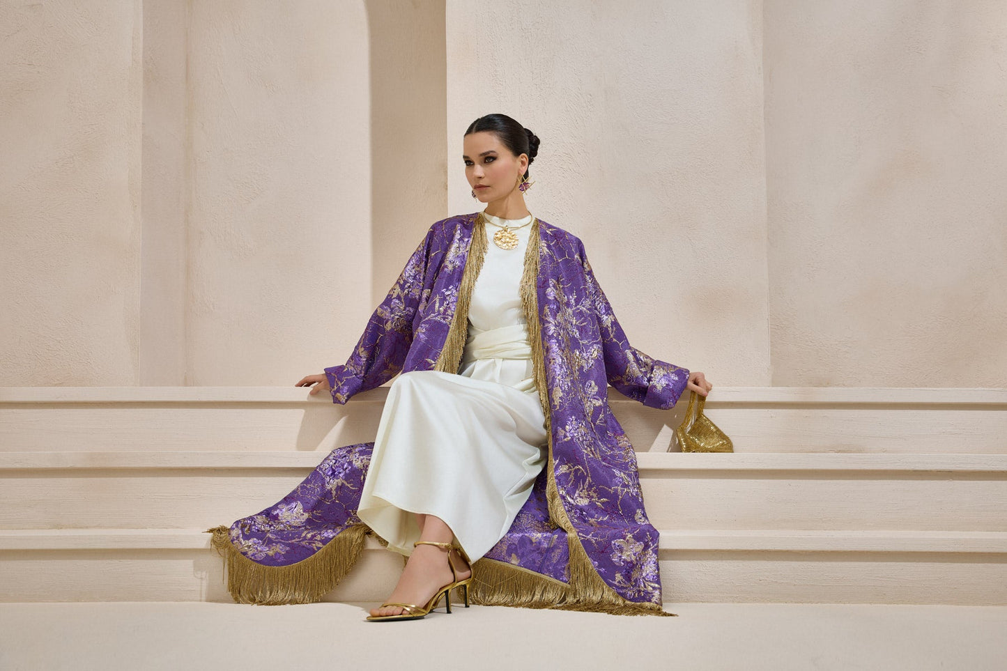 Limited Collection Purple Gold Jacquard Abaya with Tassels - sonafey