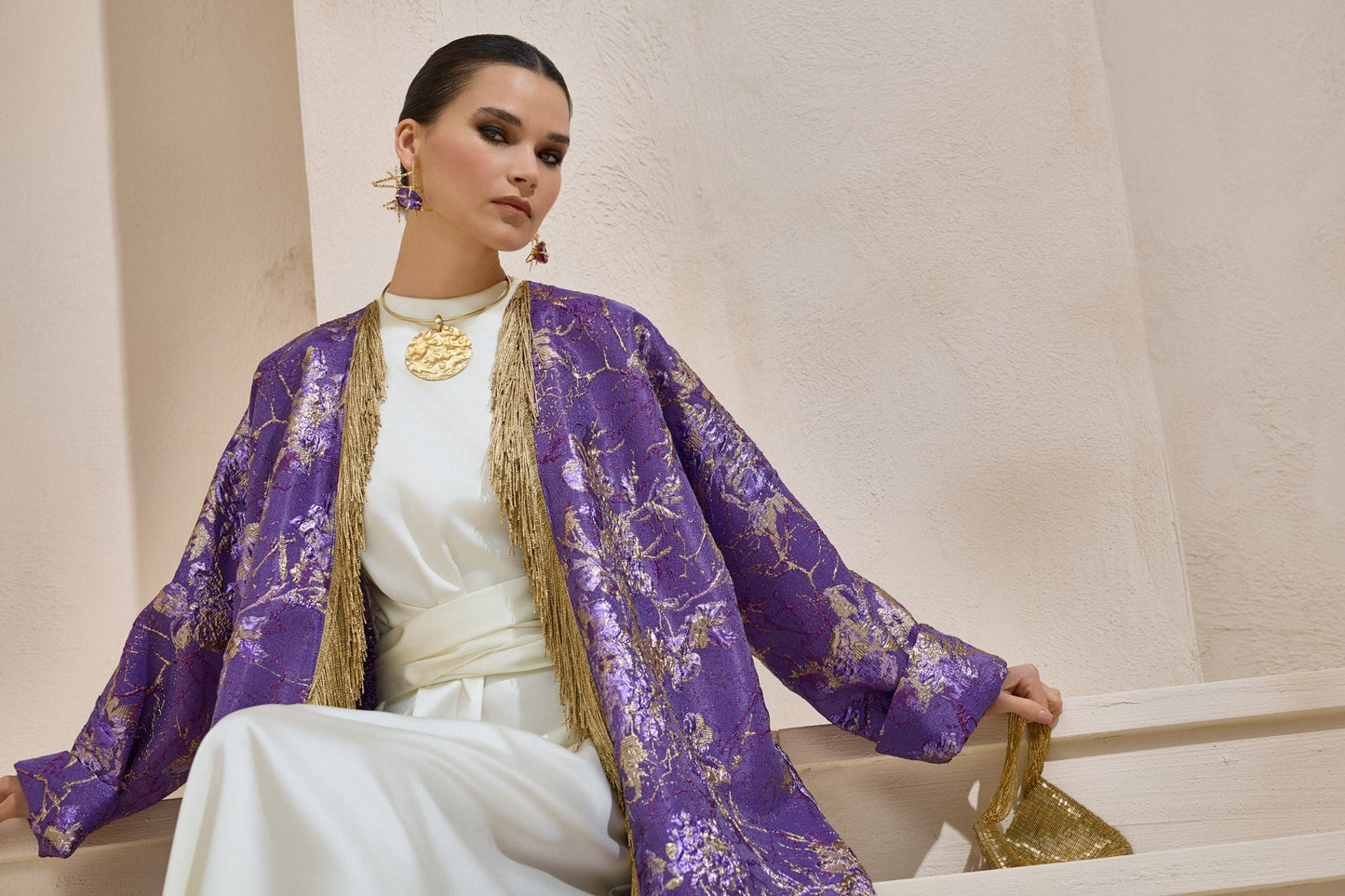 Limited Collection Purple Gold Jacquard Abaya with Tassels - sonafey