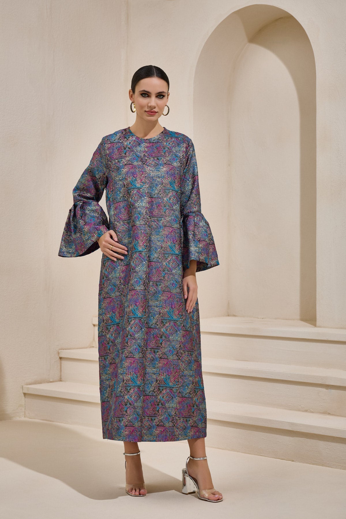 Purple Jacquard Ballon Sleeve Dress - sonafey