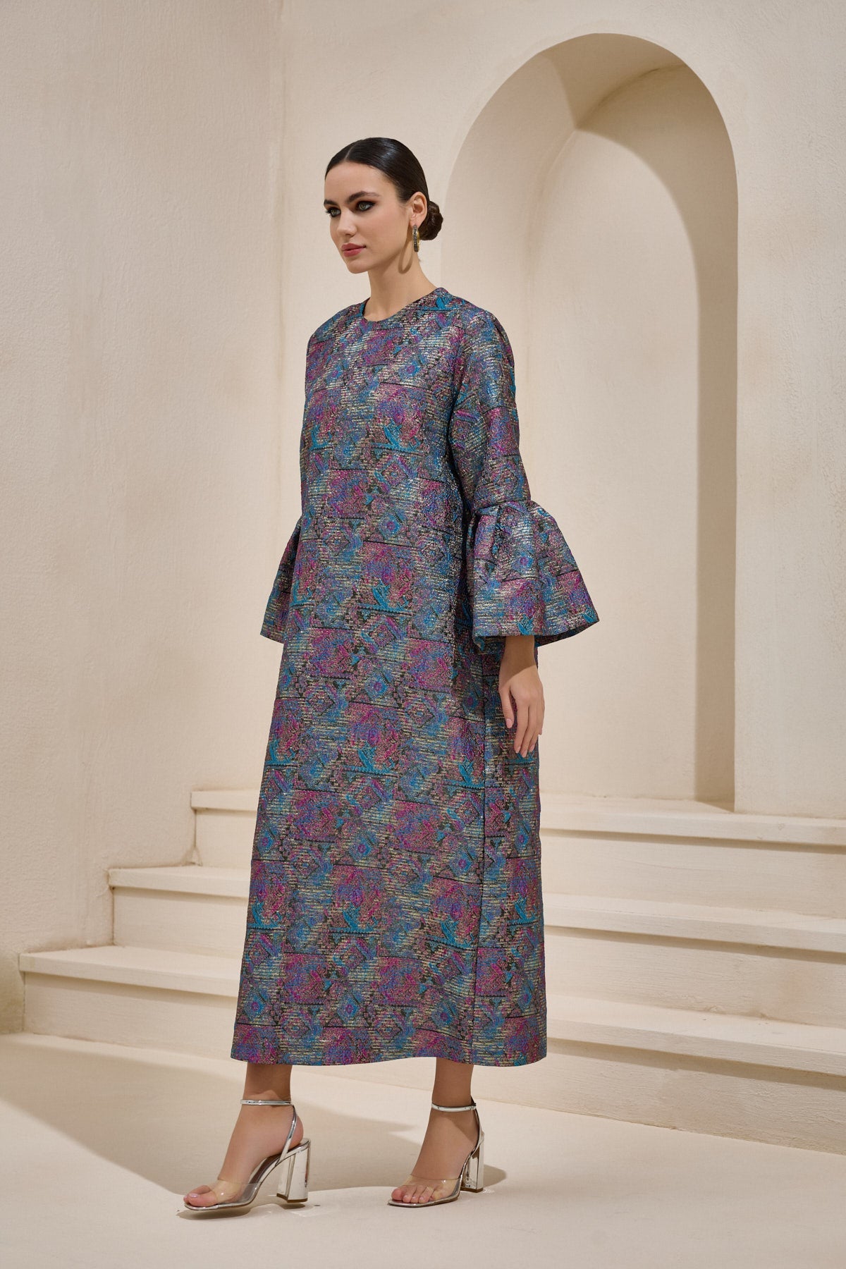 Purple Jacquard Ballon Sleeve Dress - sonafey