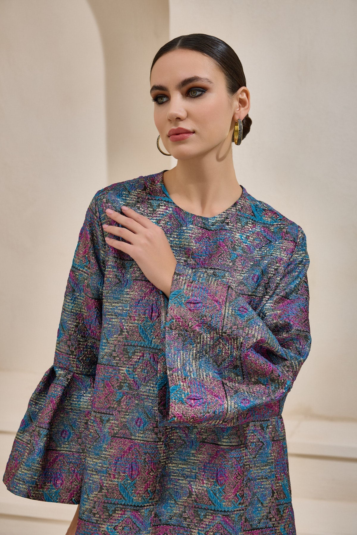 Purple Jacquard Ballon Sleeve Dress - sonafey