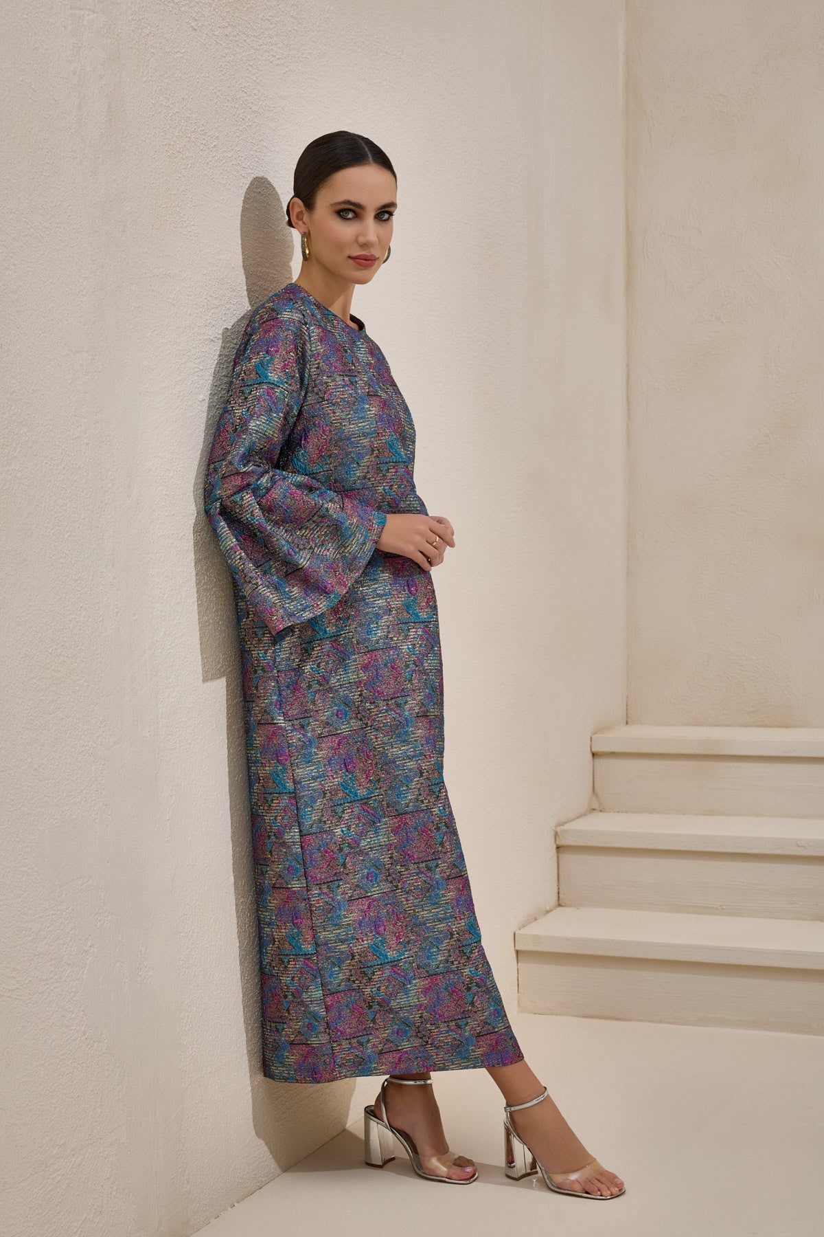 Purple Jacquard Ballon Sleeve Dress - sonafey