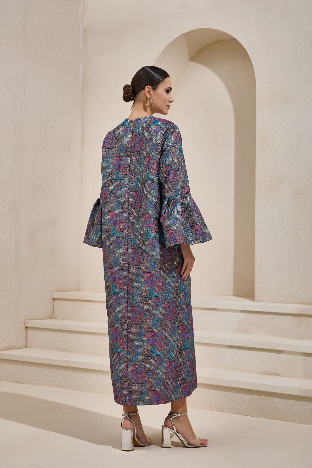 Purple Jacquard Ballon Sleeve Dress - sonafey