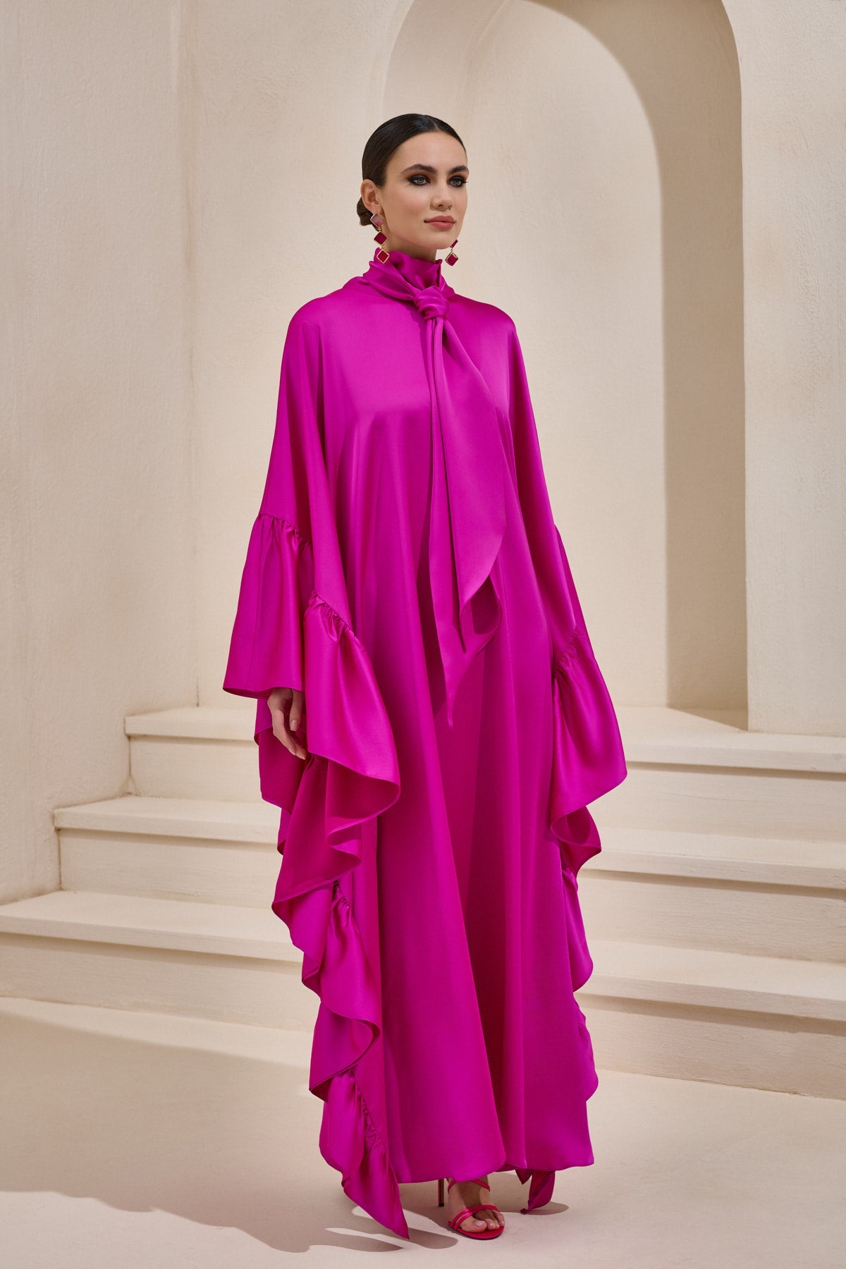 Limited Collection Fuchsia Wrap-neck Kaftan in Satin - sonafey