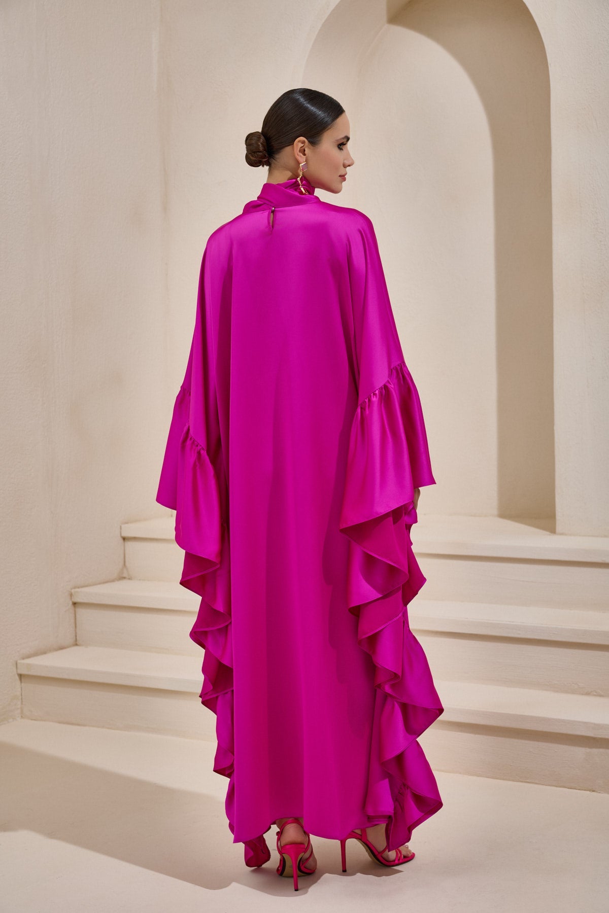 Limited Collection Fuchsia Wrap-neck Kaftan in Satin - sonafey