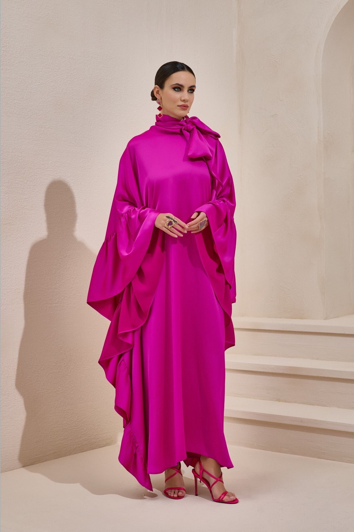 Limited Collection Fuchsia Wrap-neck Kaftan in Satin - sonafey