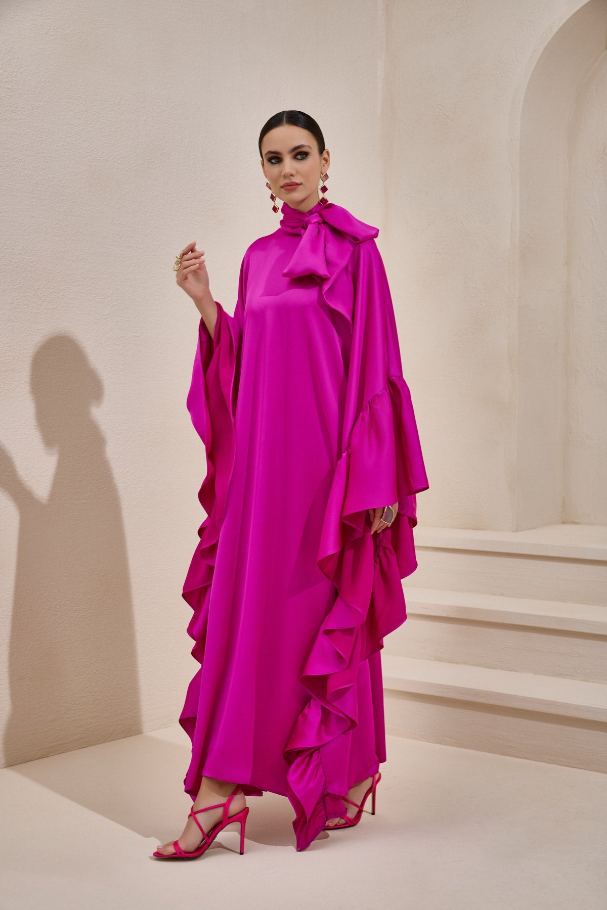 Limited Collection Fuchsia Wrap-neck Kaftan in Satin - sonafey