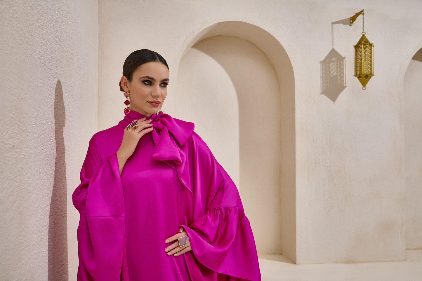 Limited Collection Fuchsia Wrap-neck Kaftan in Satin - sonafey