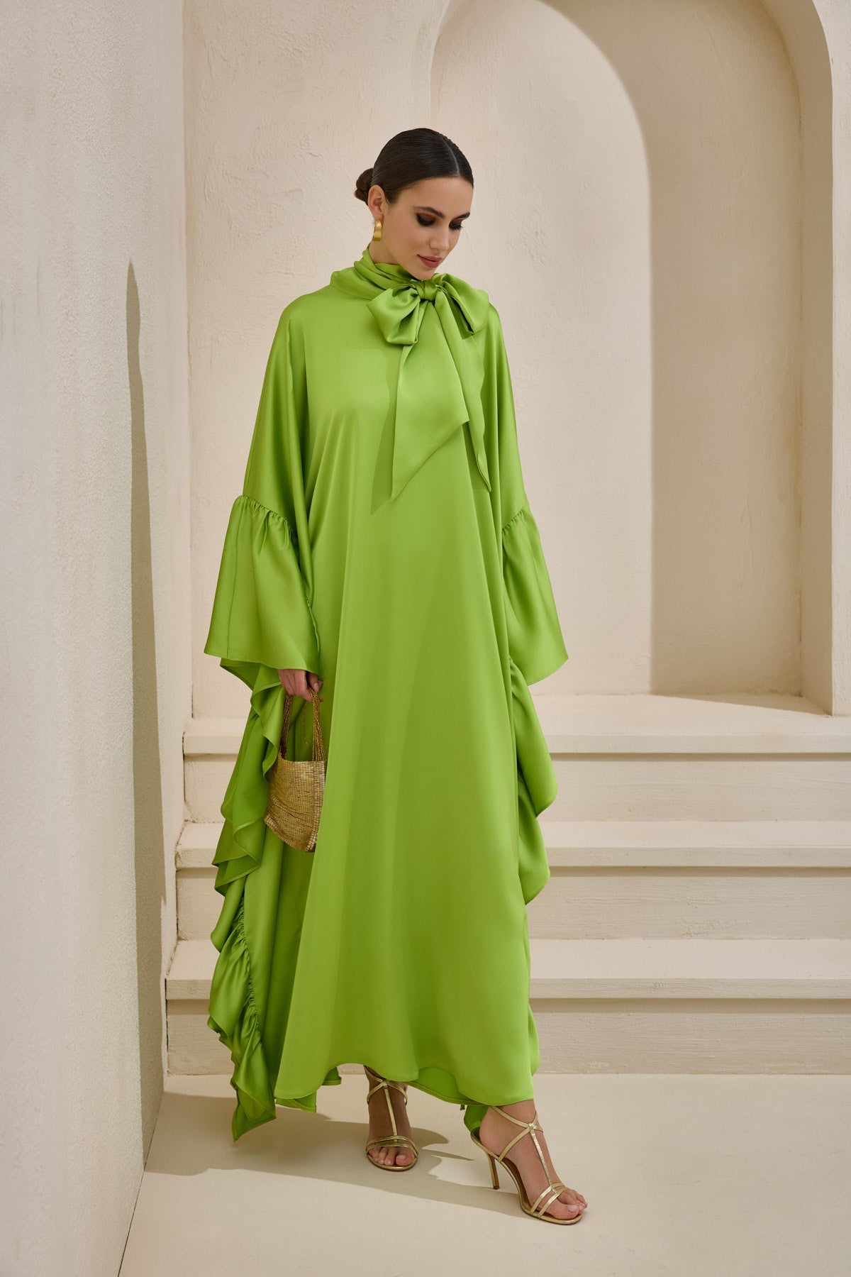 Limited Collection Light Green Wrap-neck Kaftan in Satin - sonafey