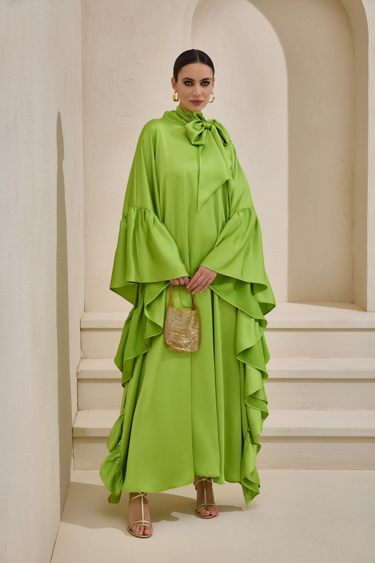 Limited Collection Light Green Wrap-neck Kaftan in Satin - sonafey