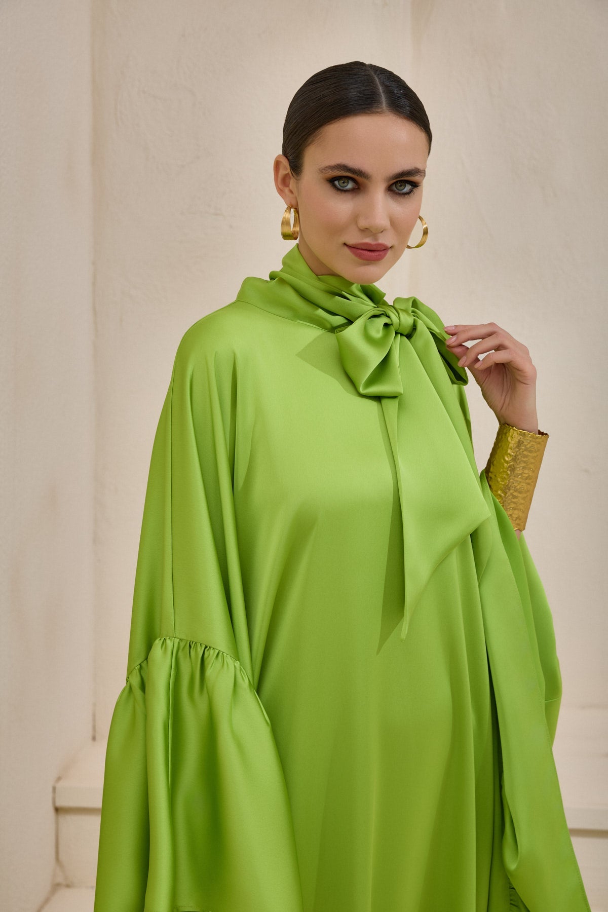Limited Collection Light Green Wrap-neck Kaftan in Satin - sonafey