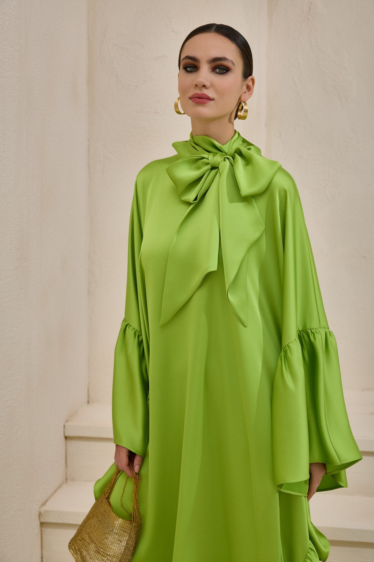 Limited Collection Light Green Wrap-neck Kaftan in Satin - sonafey
