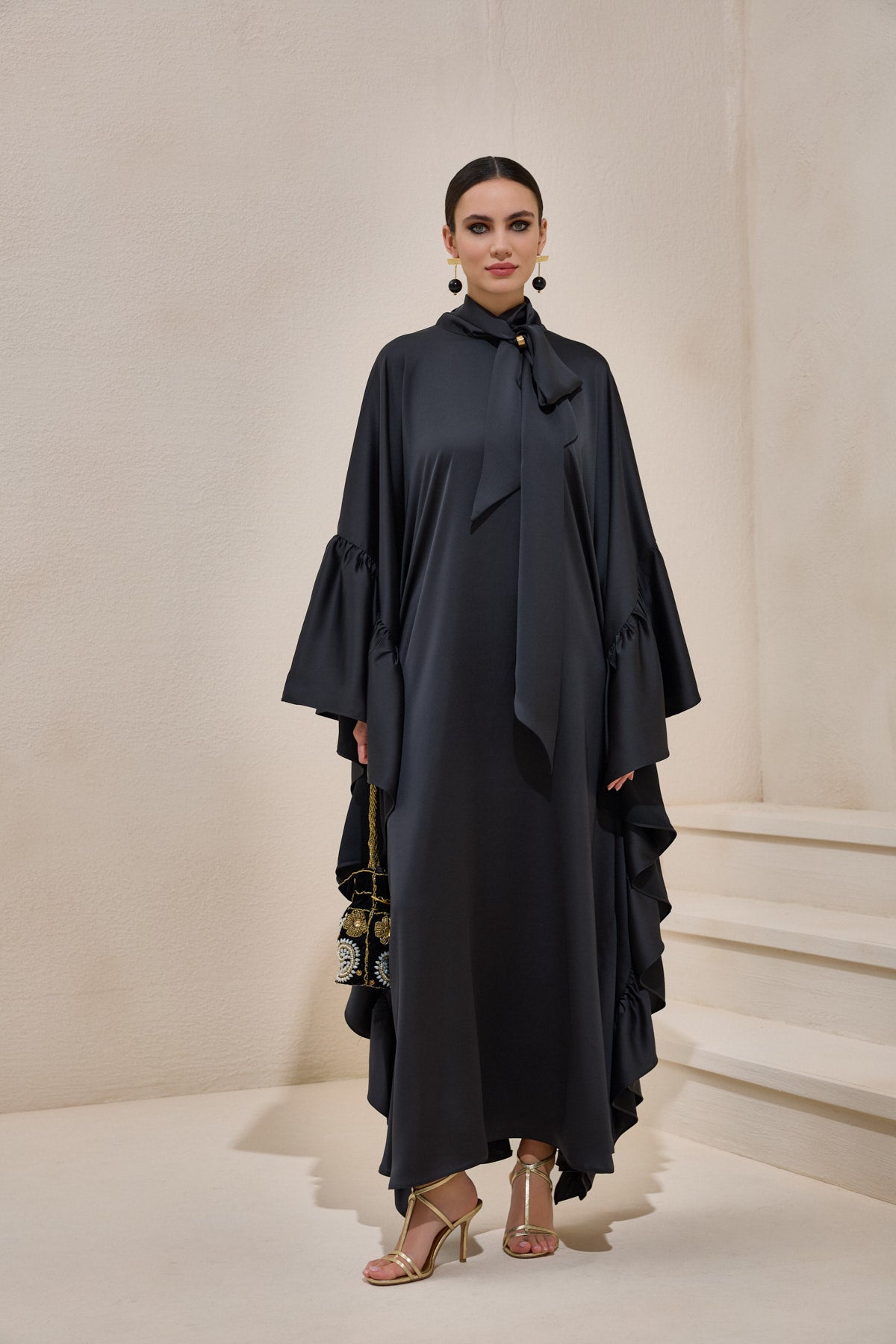 Limited Collection Black Wrap-neck Kaftan in Satin - sonafey