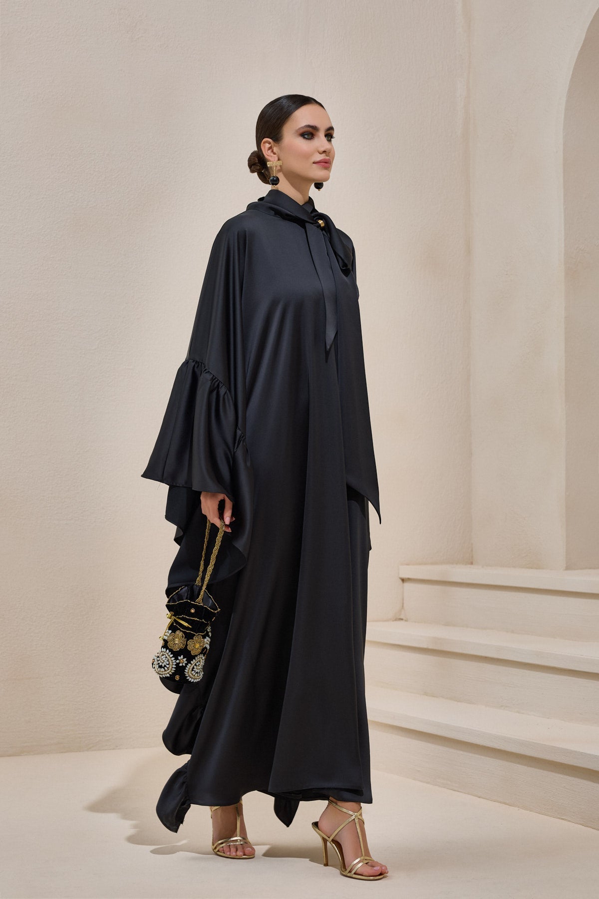 Limited Collection Black Wrap-neck Kaftan in Satin - sonafey
