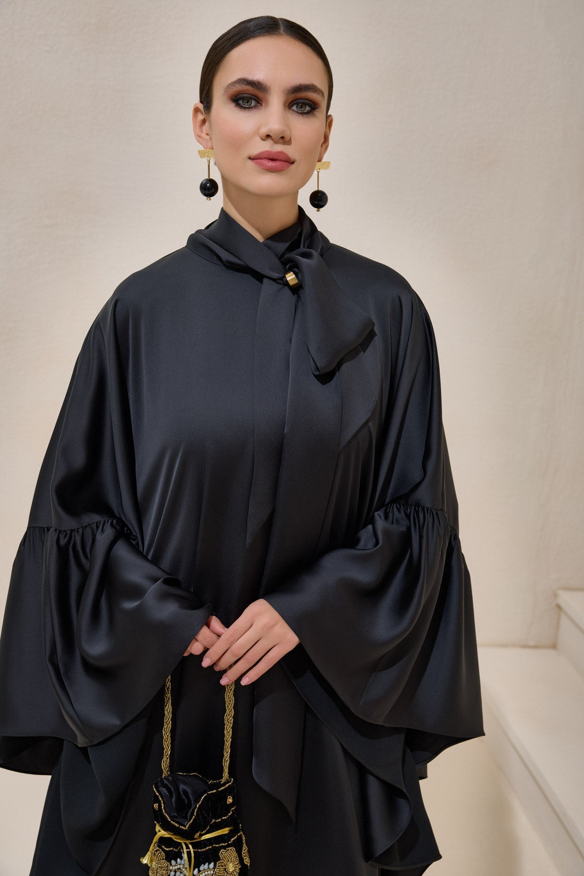 Limited Collection Black Wrap-neck Kaftan in Satin - sonafey
