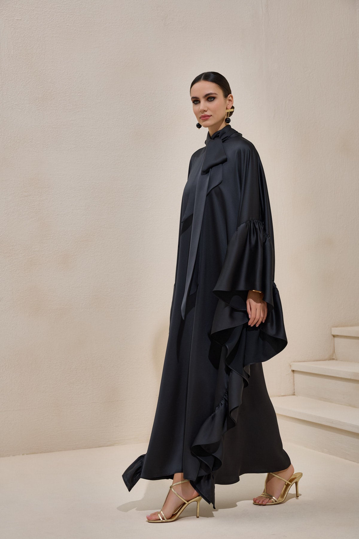 Limited Collection Black Wrap-neck Kaftan in Satin - sonafey