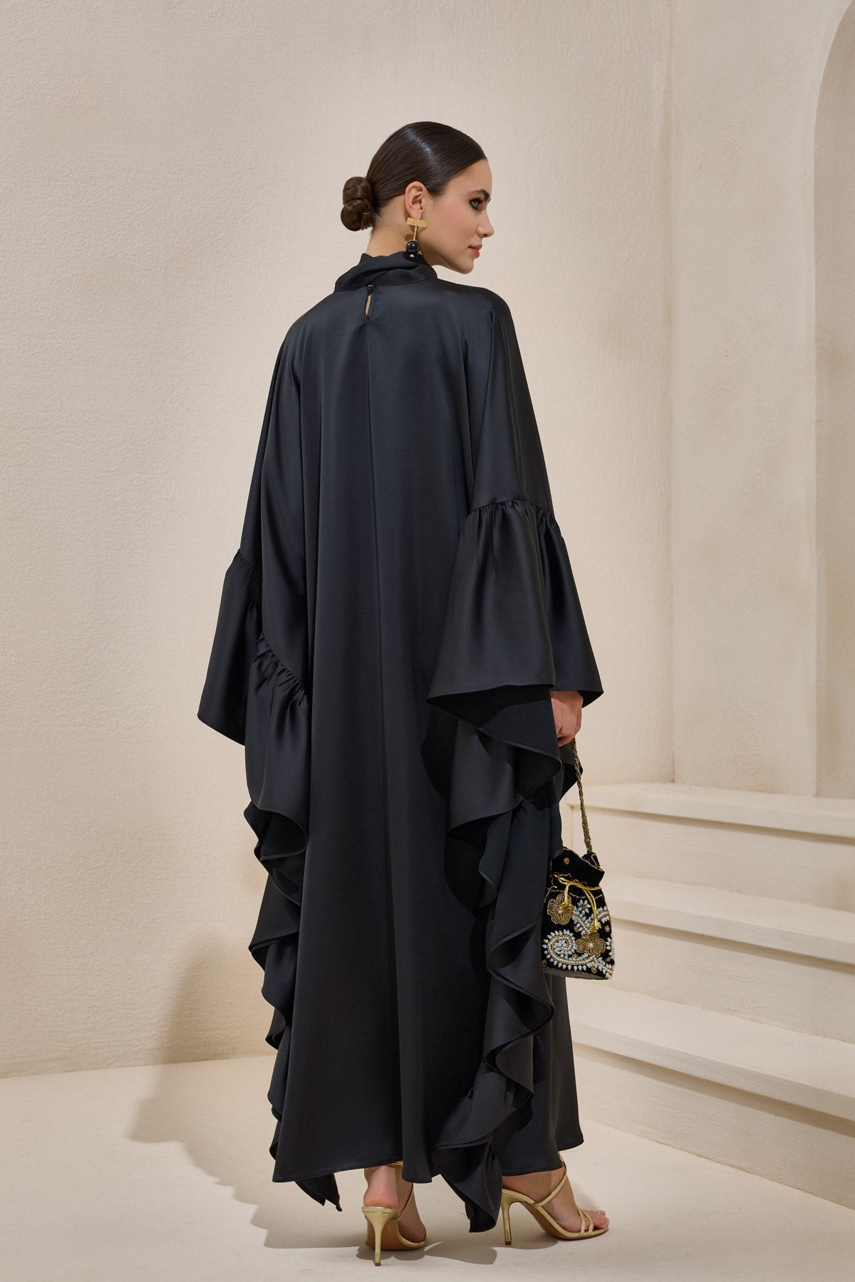 Limited Collection Black Wrap-neck Kaftan in Satin - sonafey