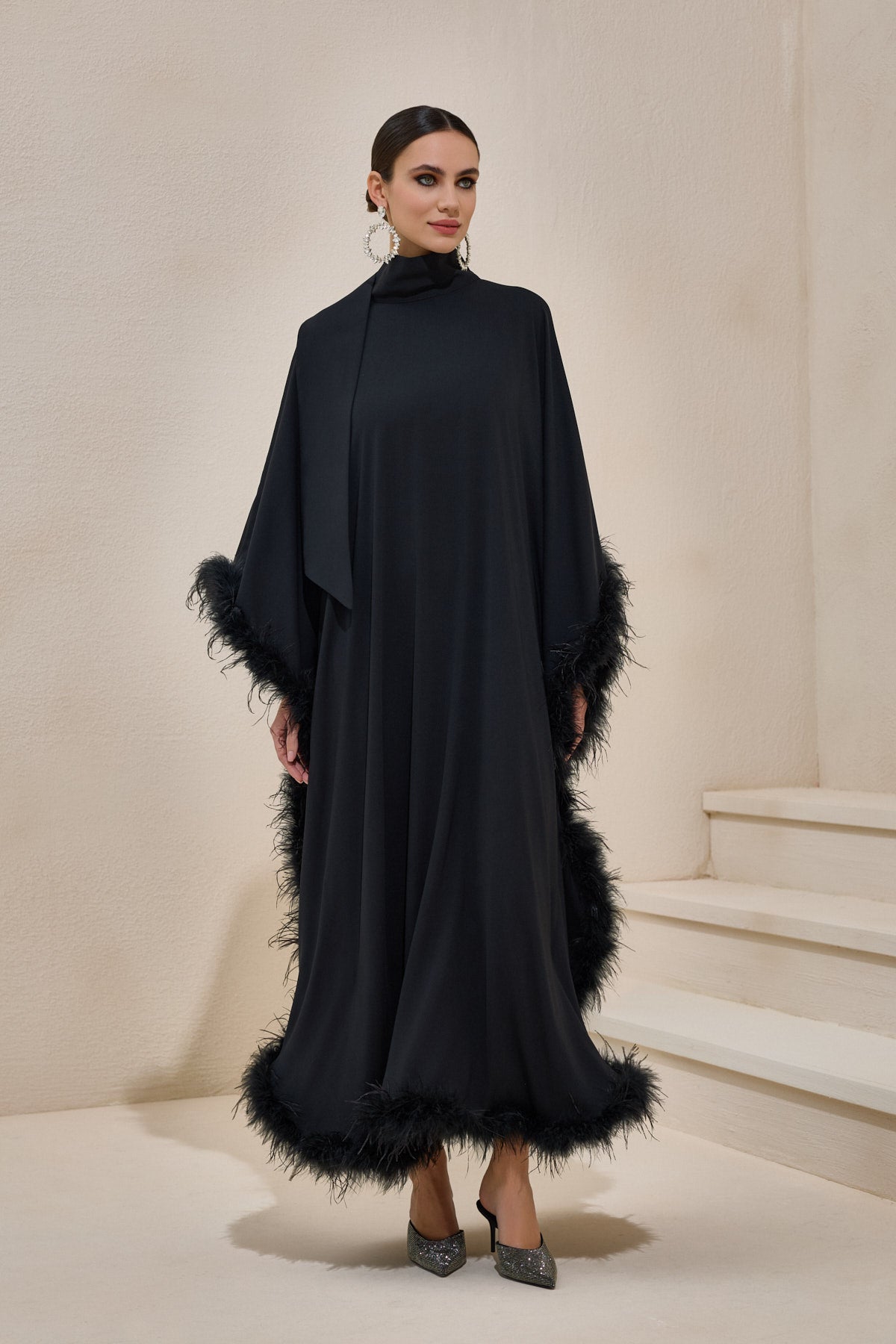 Limited collection Feather Trimmed Black Kaftan Dress - sonafey