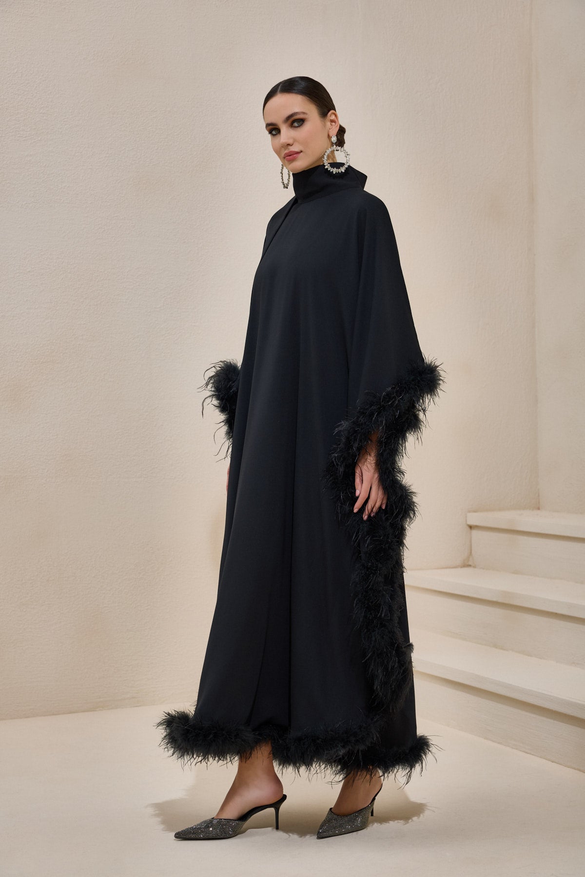 Limited collection Feather Trimmed Black Kaftan Dress - sonafey