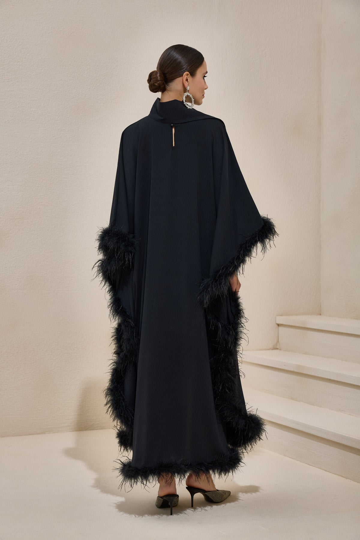 Limited collection Feather Trimmed Black Kaftan Dress - sonafey