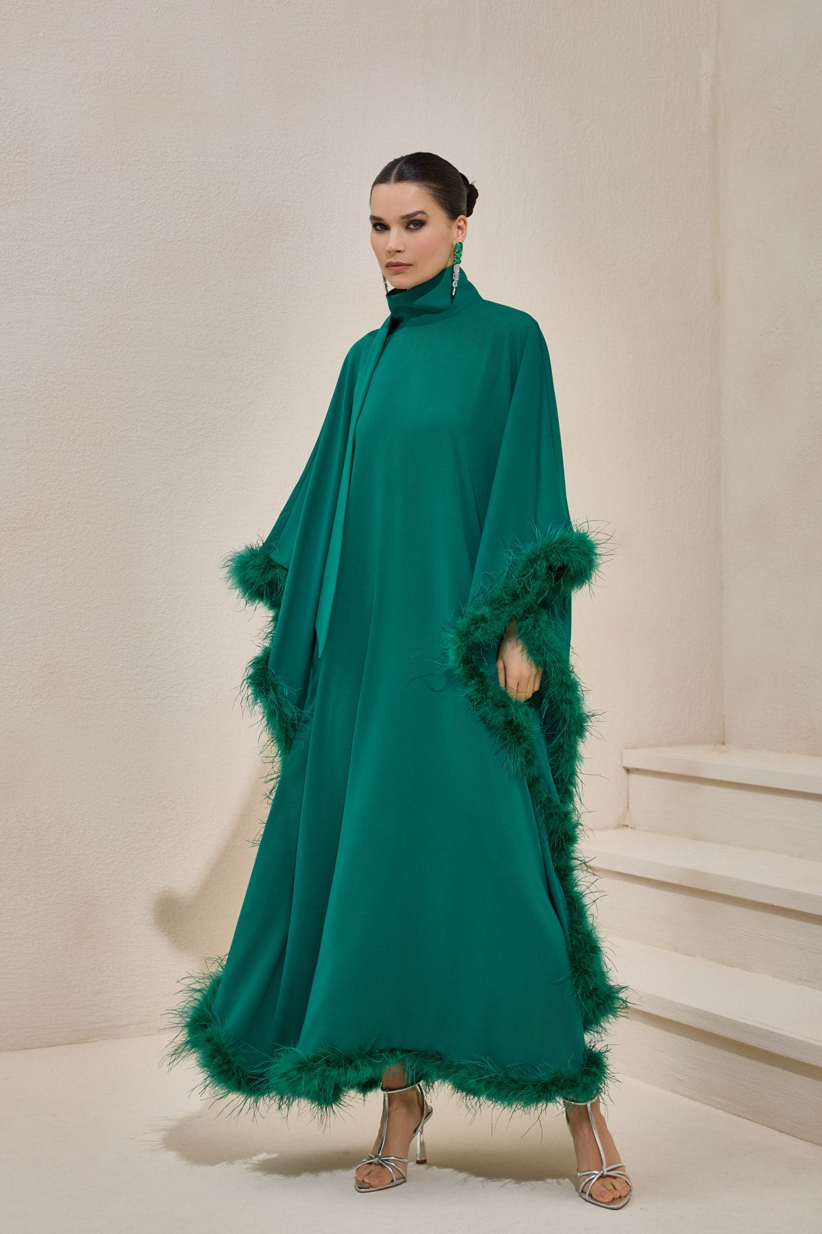 Limited Collection Feather Trimmed Emerald Kaftan Dress - sonafey