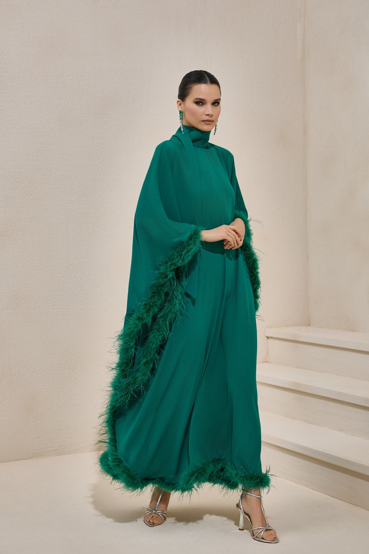 Limited Collection Feather Trimmed Emerald Kaftan Dress - sonafey