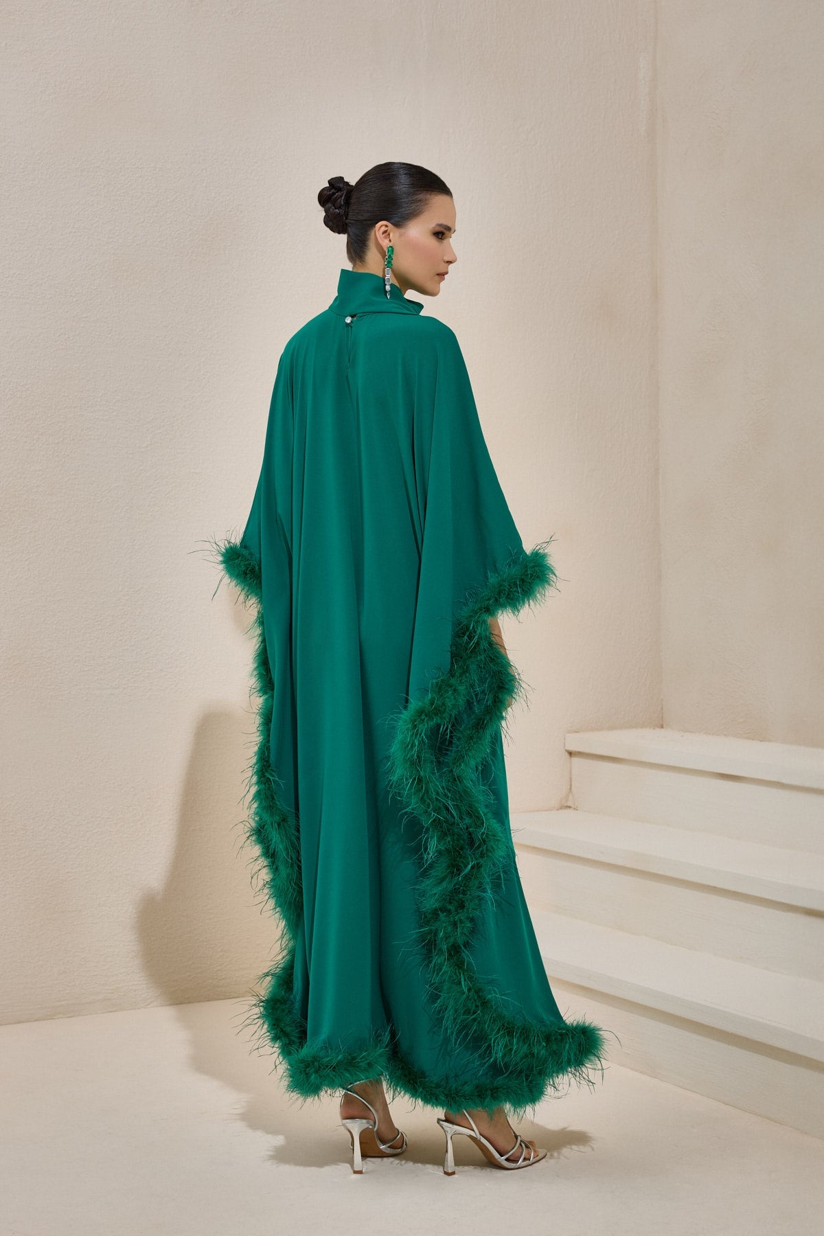 Limited Collection Feather Trimmed Emerald Kaftan Dress - sonafey