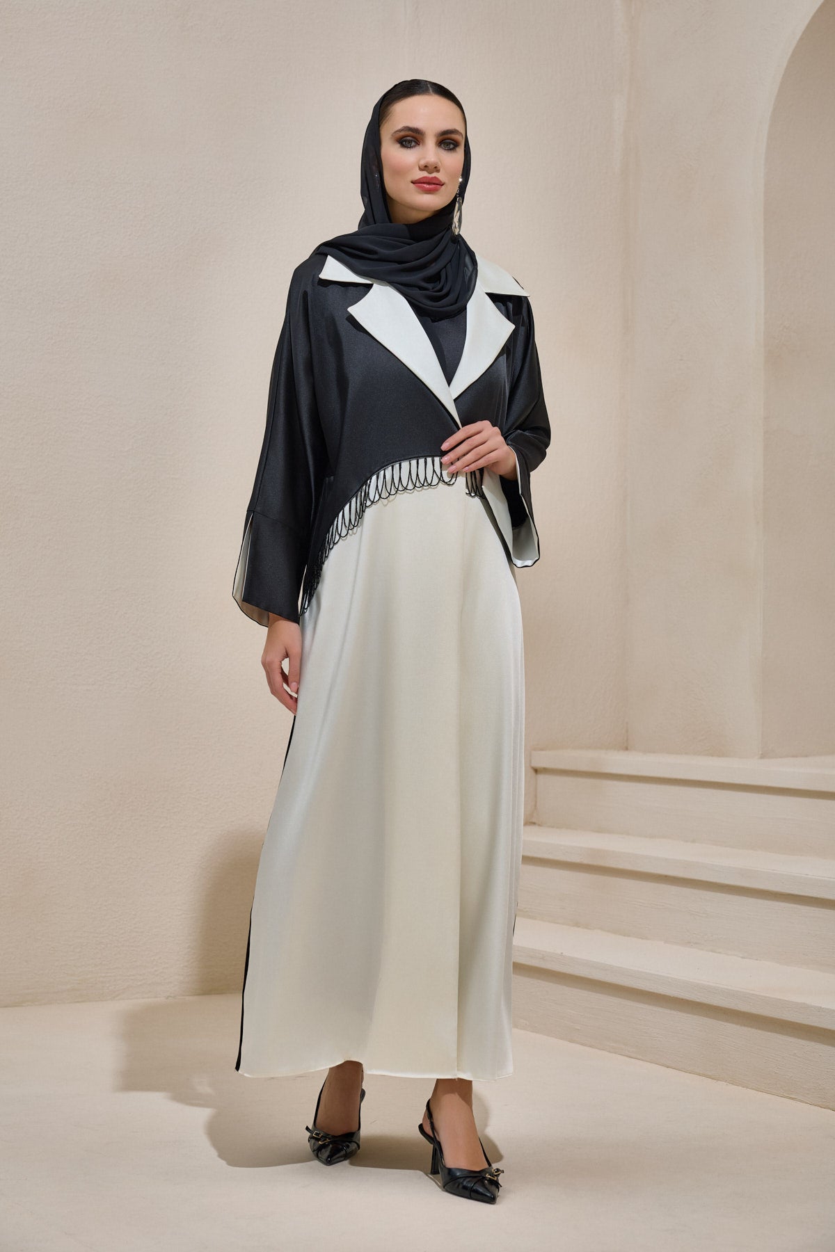 Satin Black Pearl Detailed Black and Ecru Abaya - sonafey