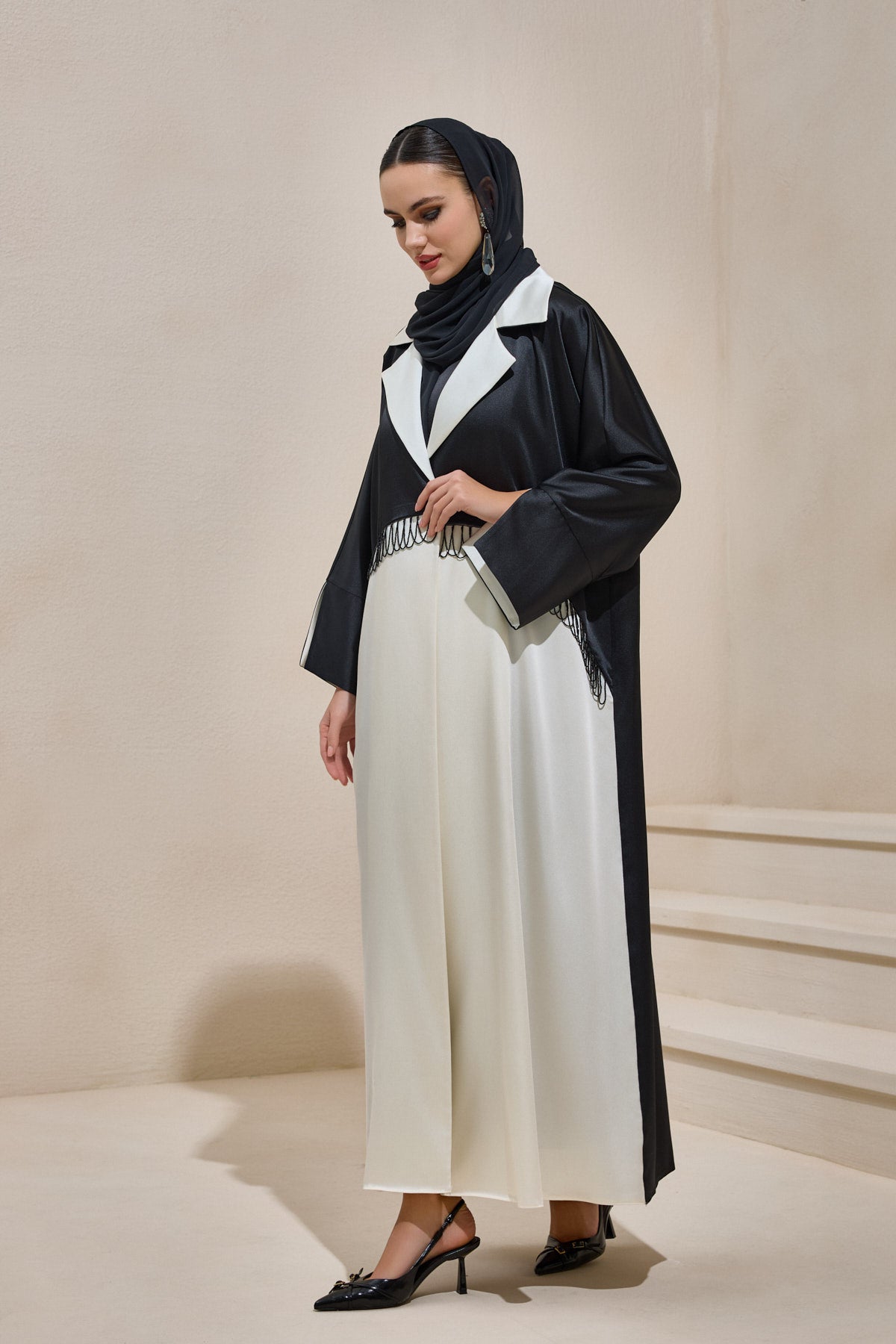 Satin Black Pearl Detailed Black and Ecru Abaya - sonafey