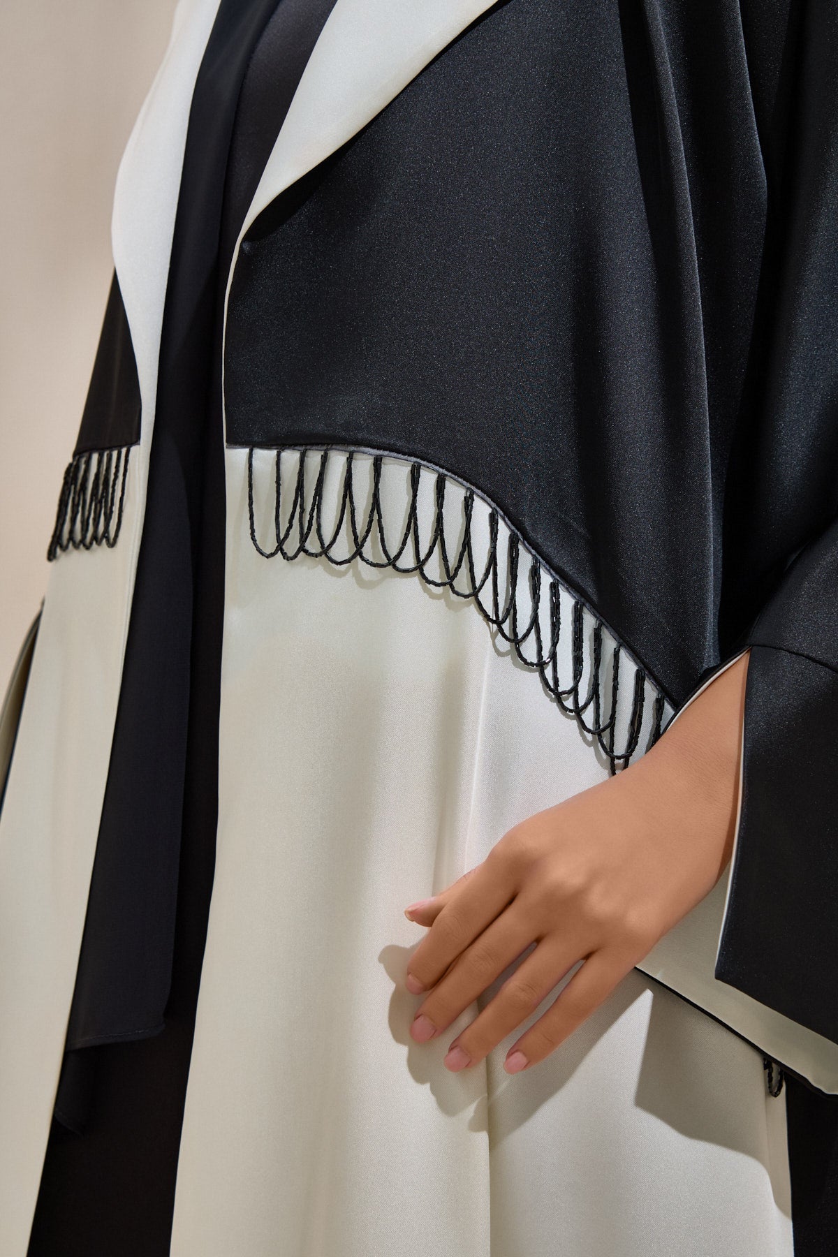 Satin Black Pearl Detailed Black and Ecru Abaya - sonafey