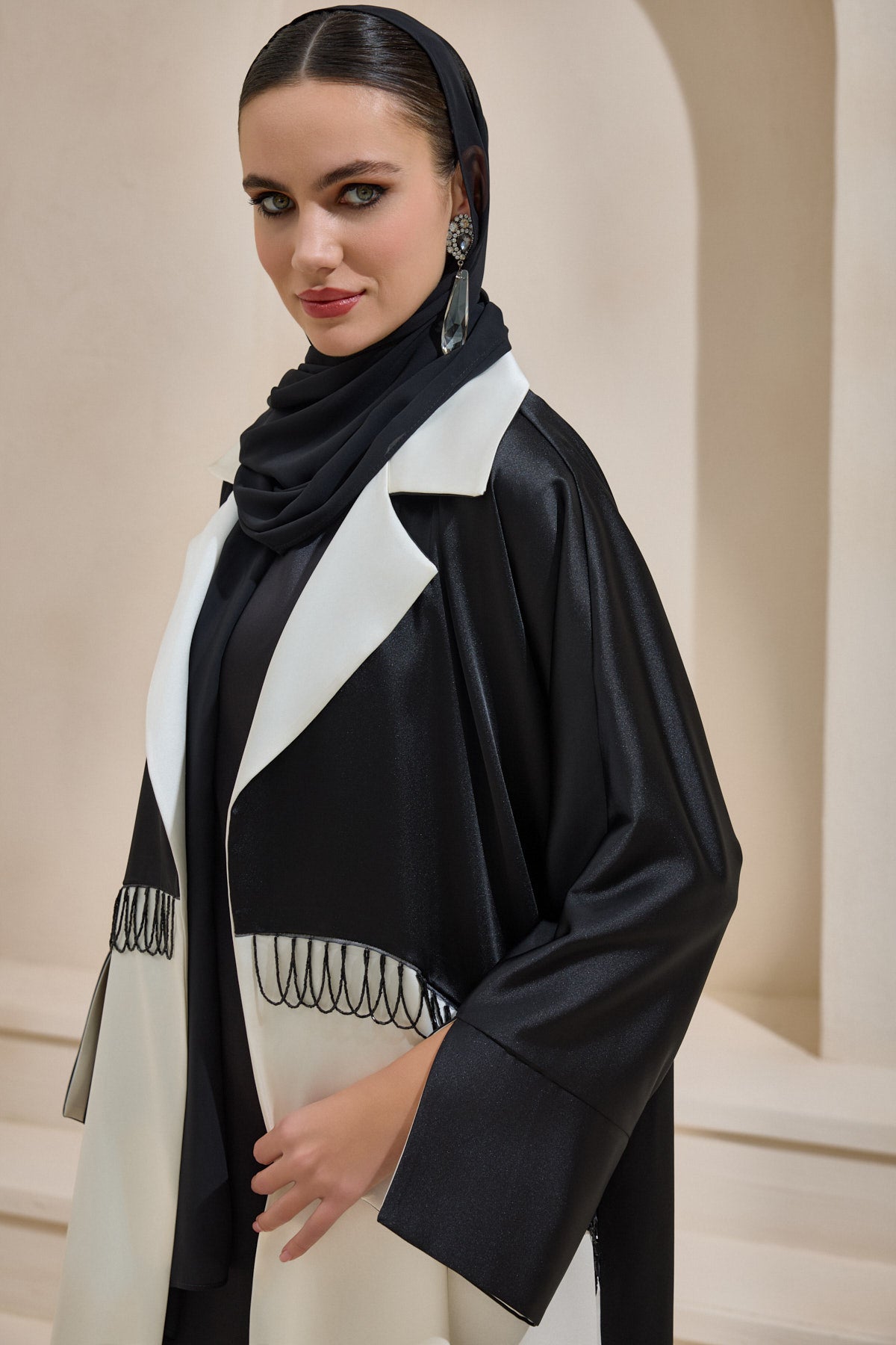 Satin Black Pearl Detailed Black and Ecru Abaya - sonafey