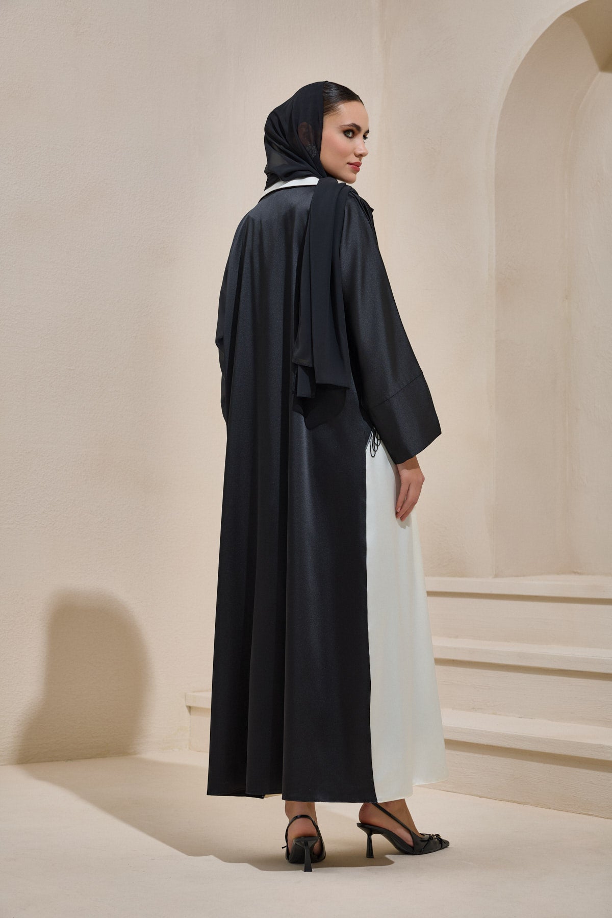 Satin Black Pearl Detailed Black and Ecru Abaya - sonafey