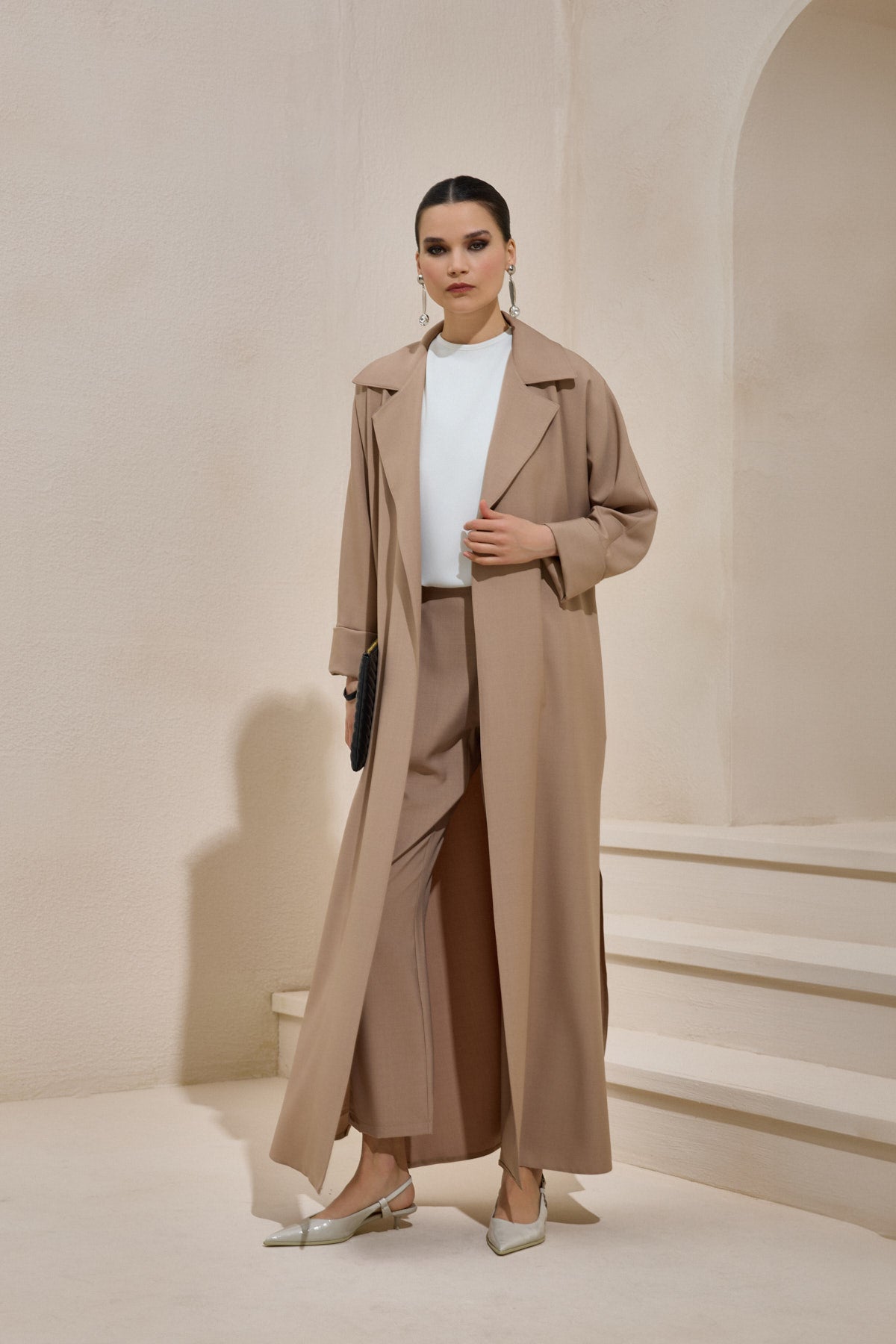 Light Brown Business Casual Abaya Set with Trousers - sonafey