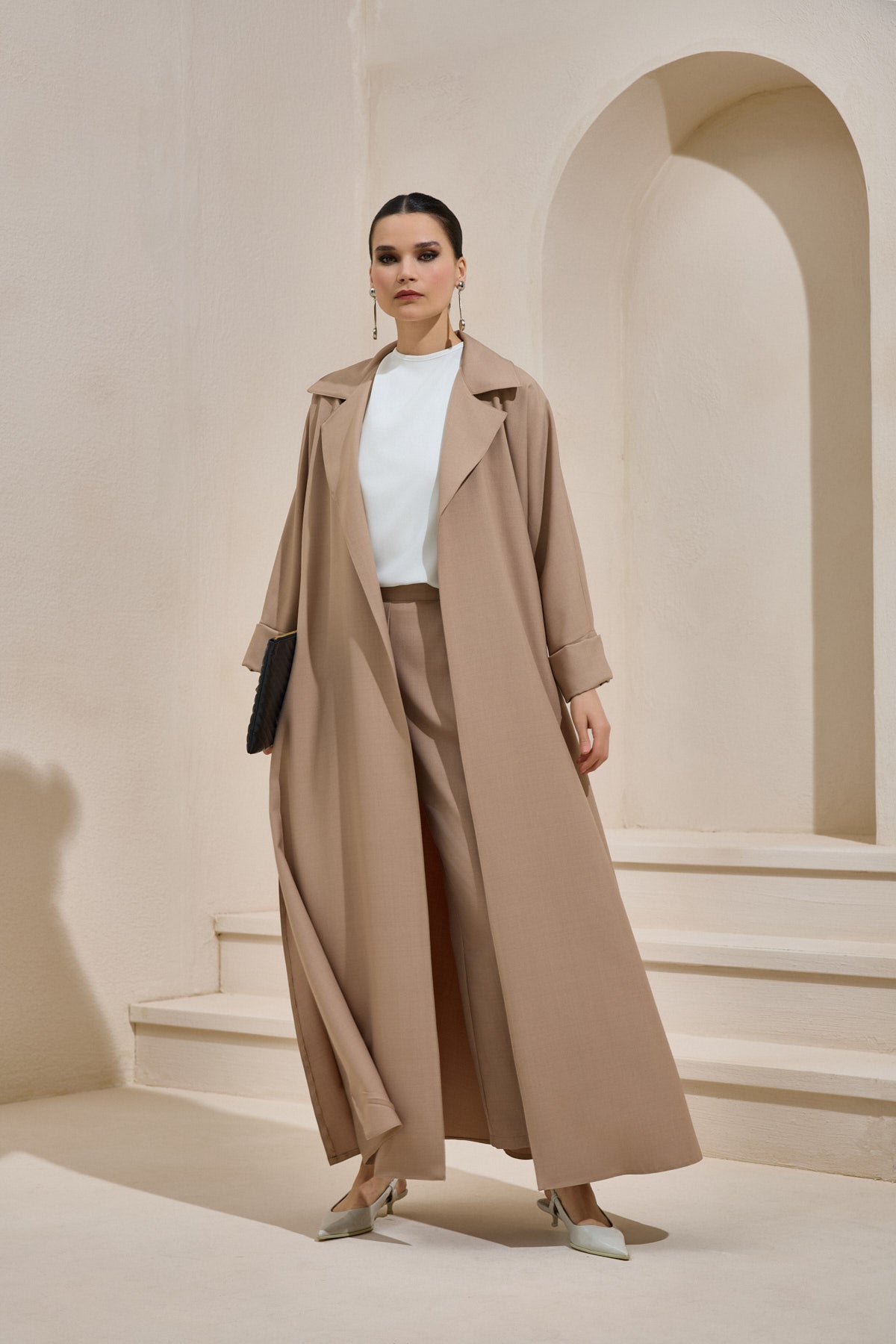 Light Brown Business Casual Abaya Set with Trousers - sonafey